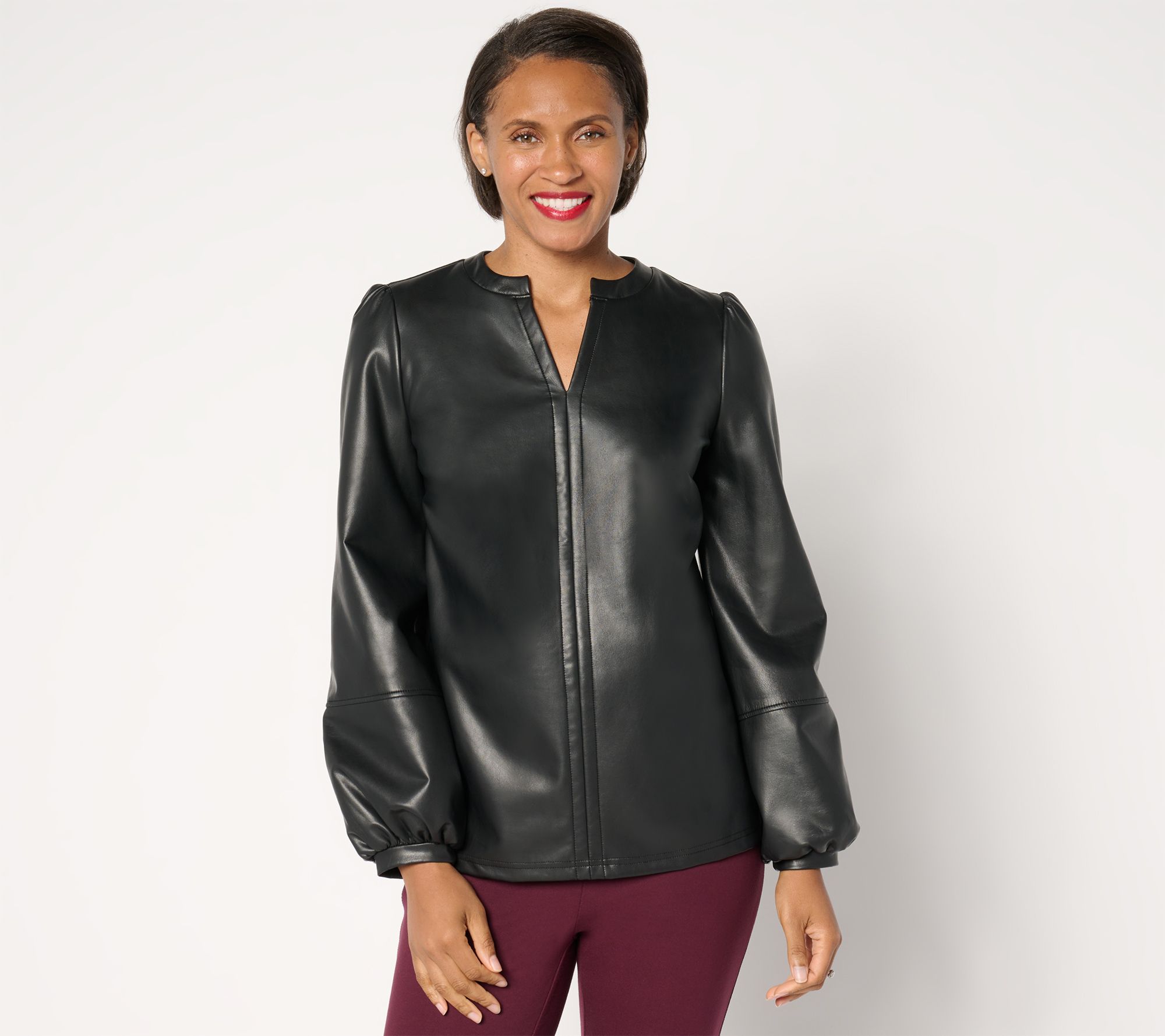 "As Is" Belle by Kim Gravel Faux Leather Knit Back Blouson Top