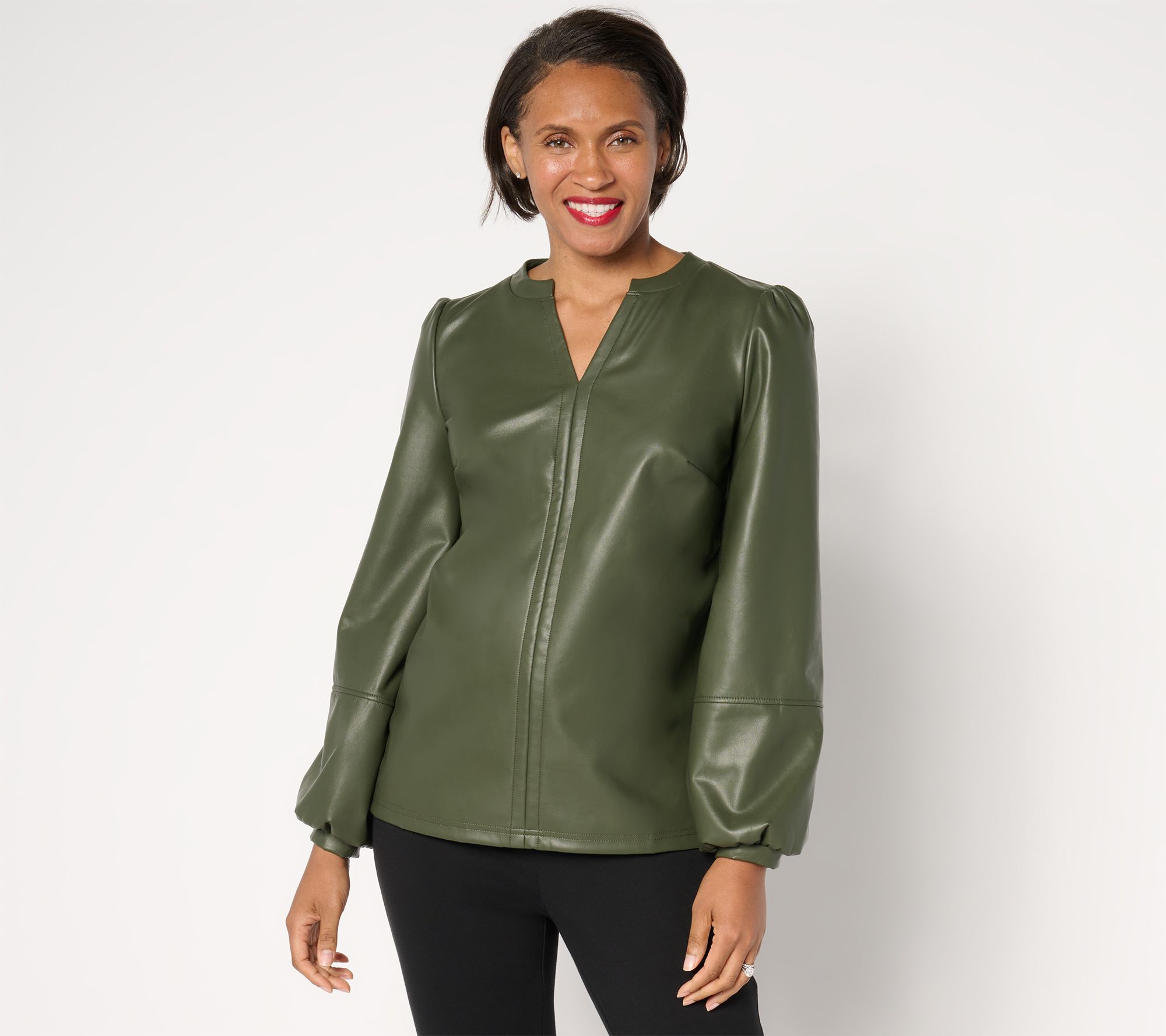 "As Is" Belle by Kim Gravel Faux Leather Knit Back Blouson Top