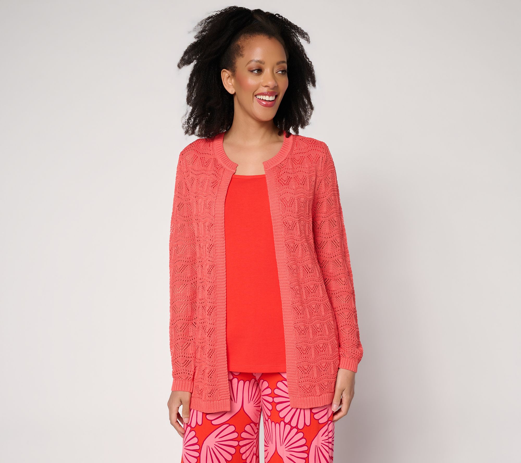 Susan Graver Pointelle Stitch Open Front Cardigan