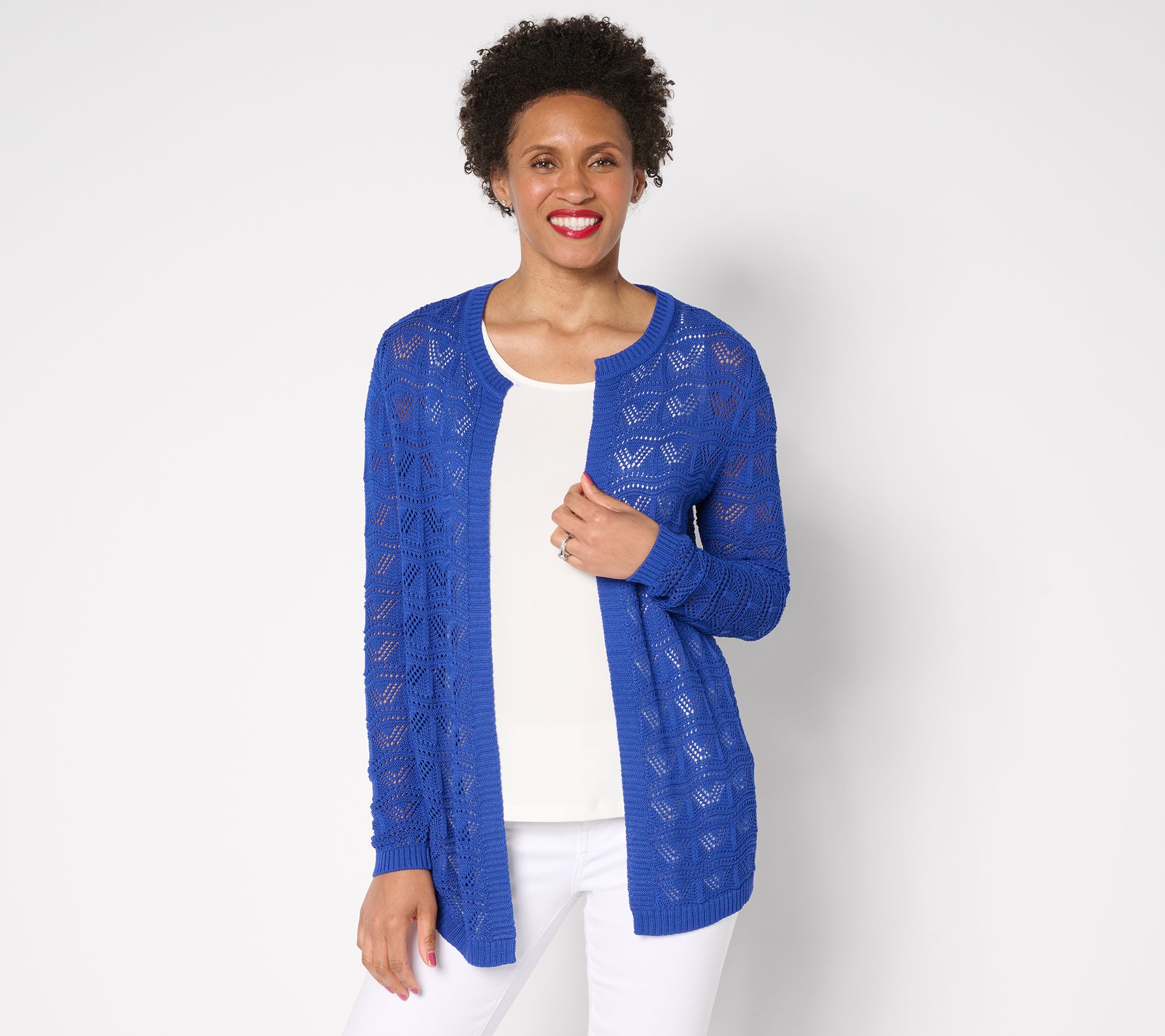 Susan Graver Pointelle Stitch Open Front Cardigan
