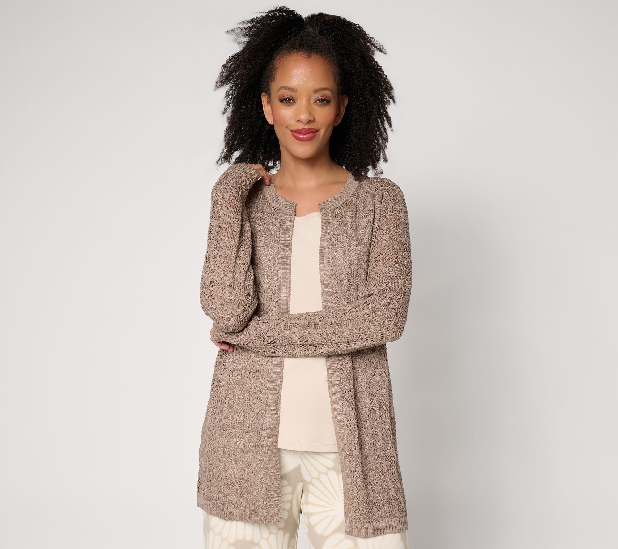 Susan Graver Pointelle Stitch Open Front Cardigan