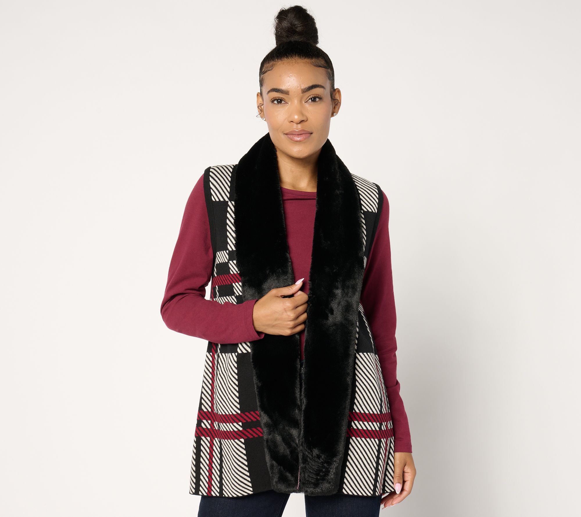"As Is" Denim & Co. Jacquard or Solid Faux Fur Trim Vest