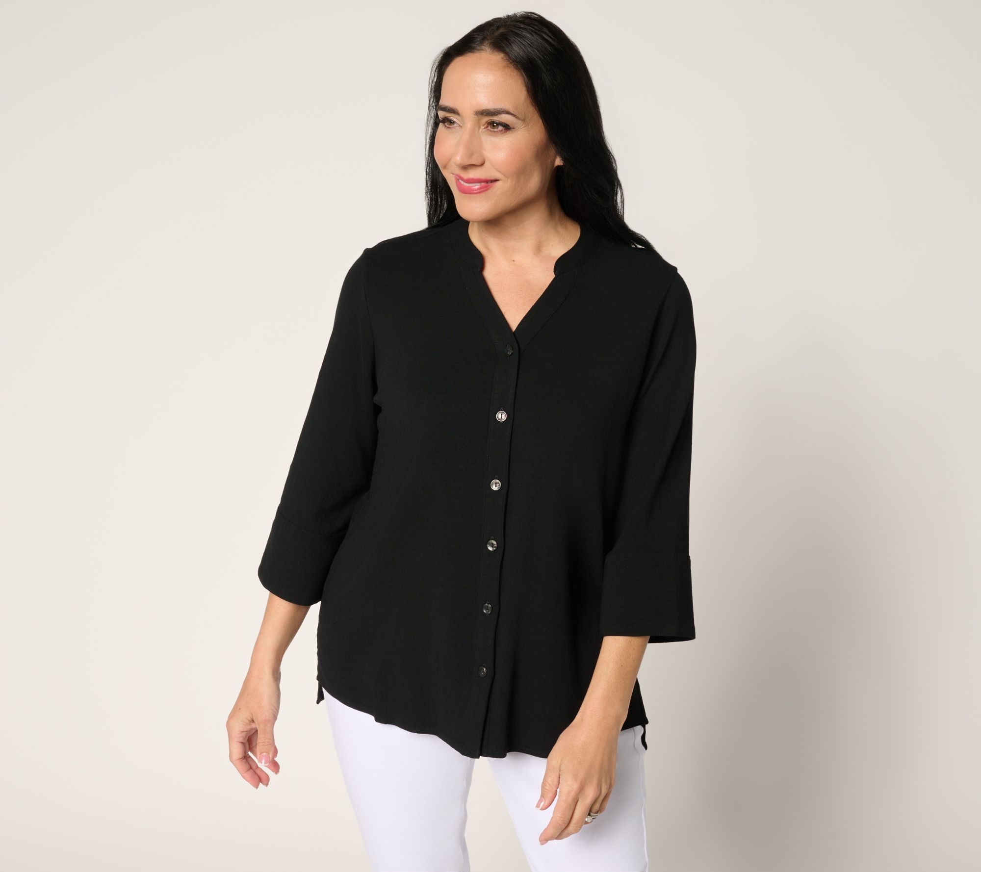 Attitudes by Renee Regular Stretch Woven Button Front Tunic