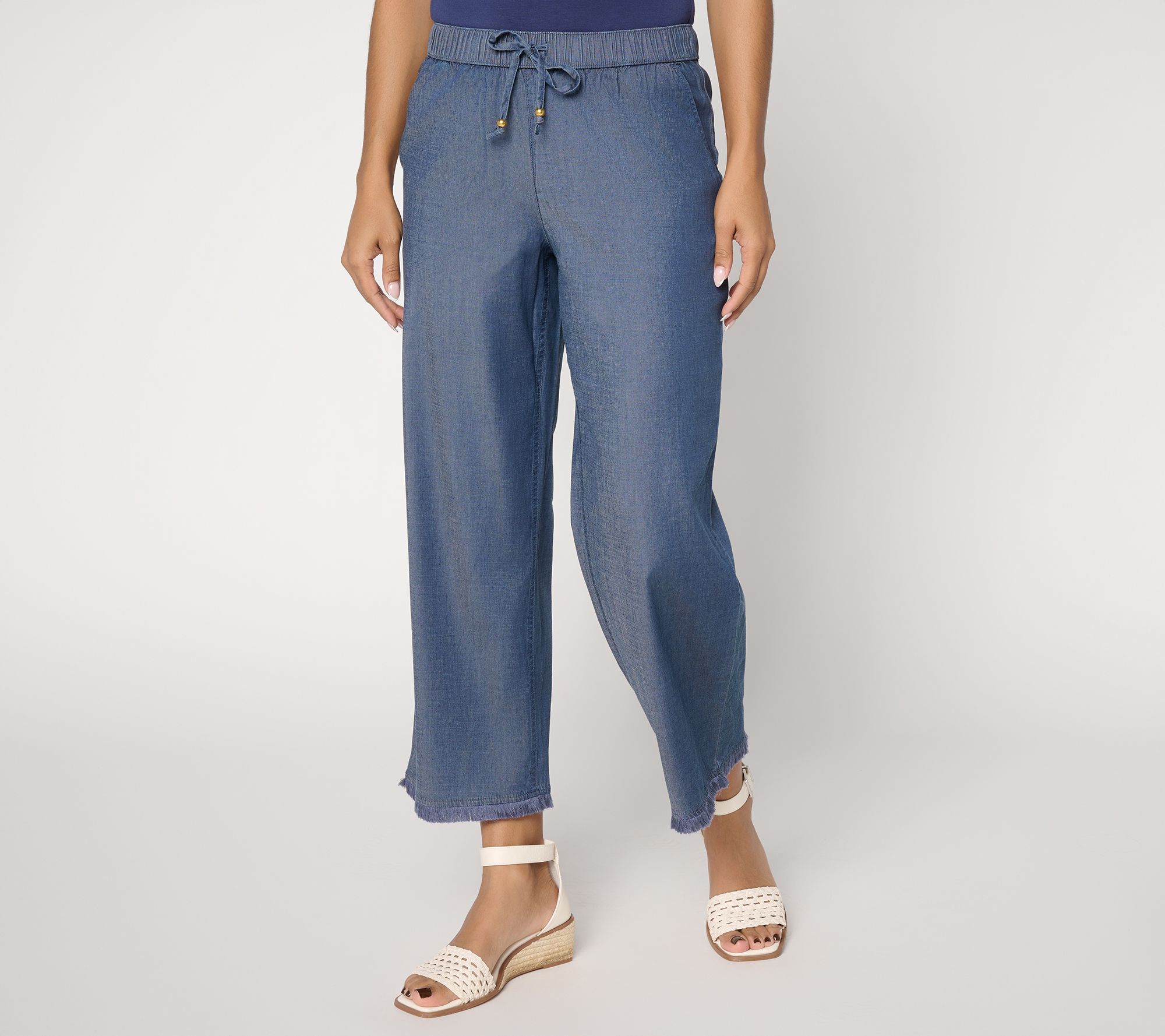 Susan Graver Regular Stretch Crop Chambray Wide Leg Crop Pants w/ Fringe
