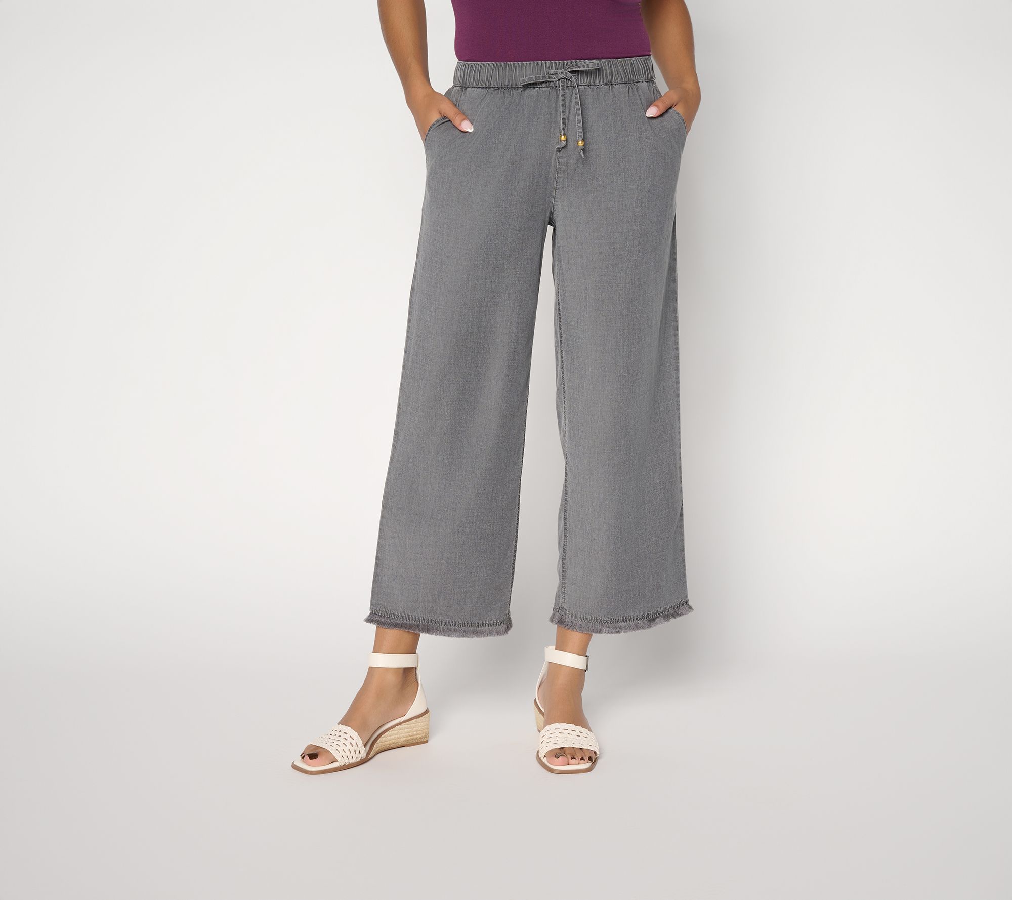 Susan Graver Regular Stretch Crop Chambray Wide Leg Crop Pants w/ Fringe
