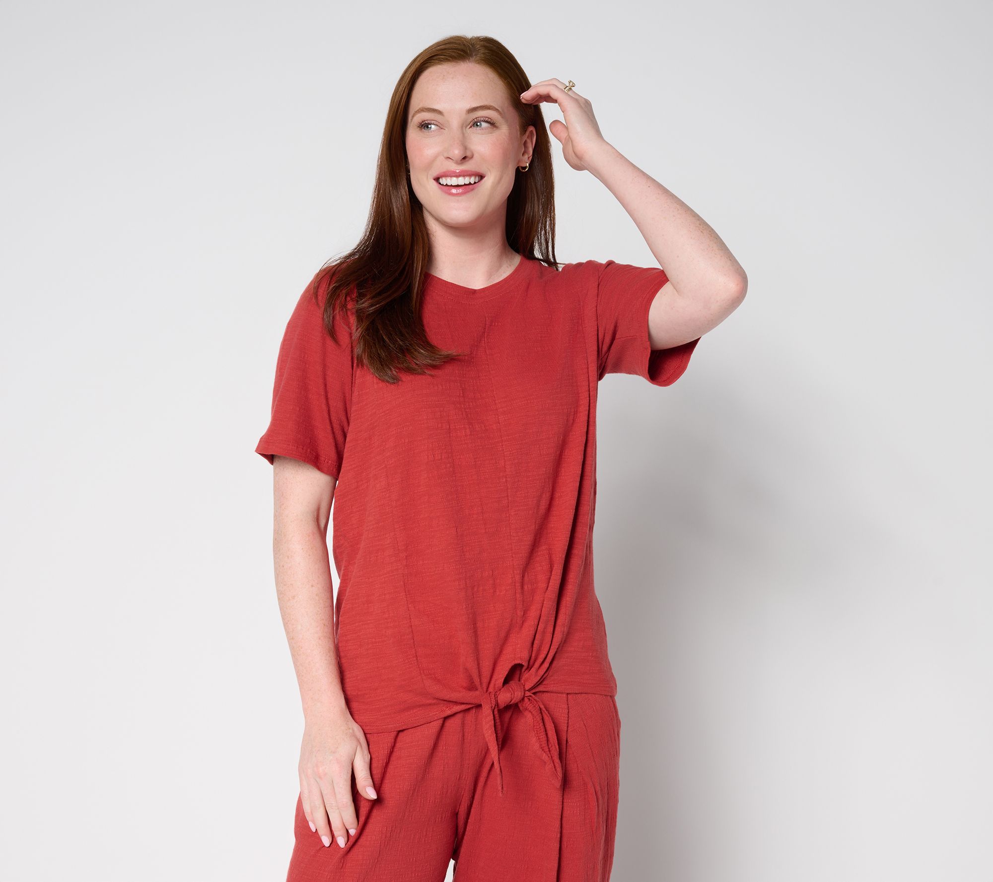 AnyBody Crinkle Knit Jersey Tie Front Tee