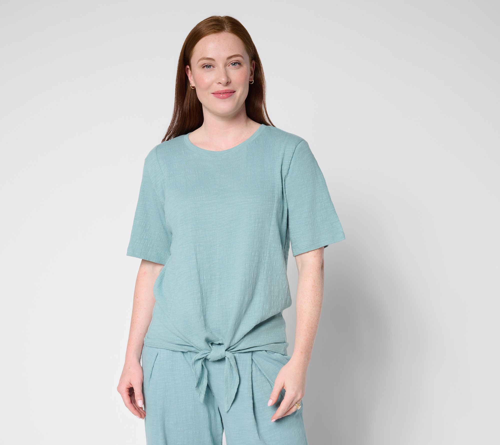 AnyBody Crinkle Knit Jersey Tie Front Tee