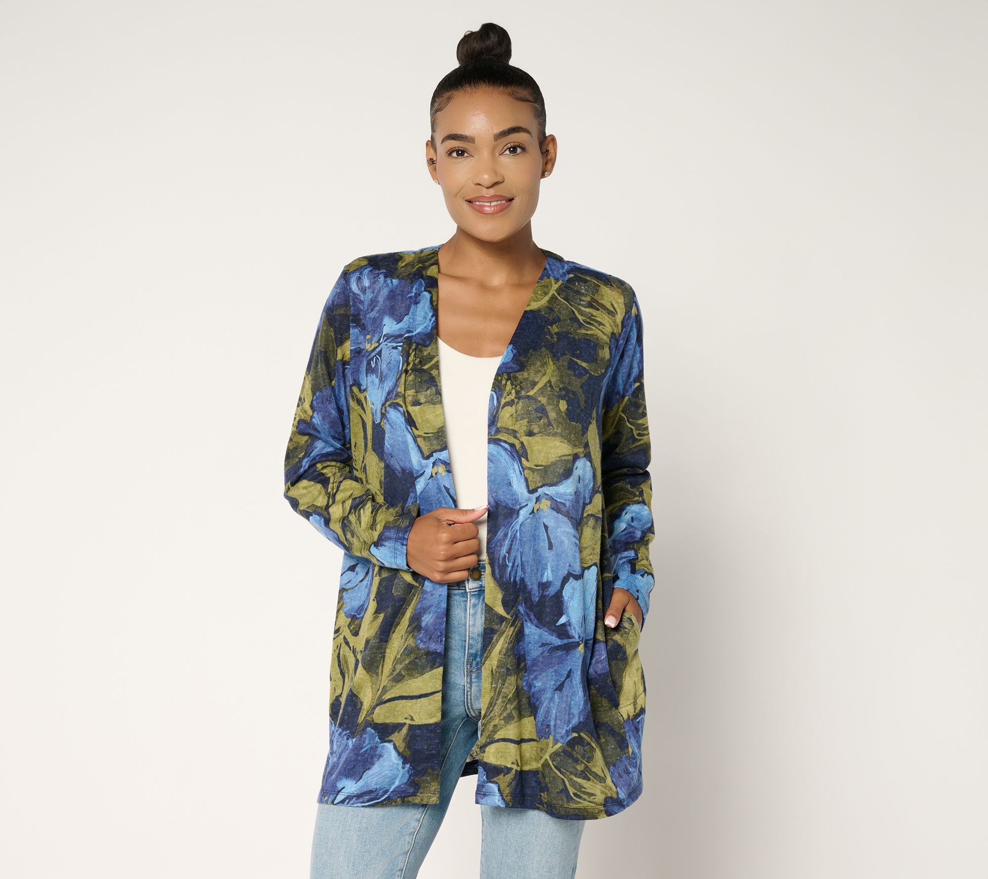 Denim & Co. Petite Printed Slub Knit Cardigan Duster