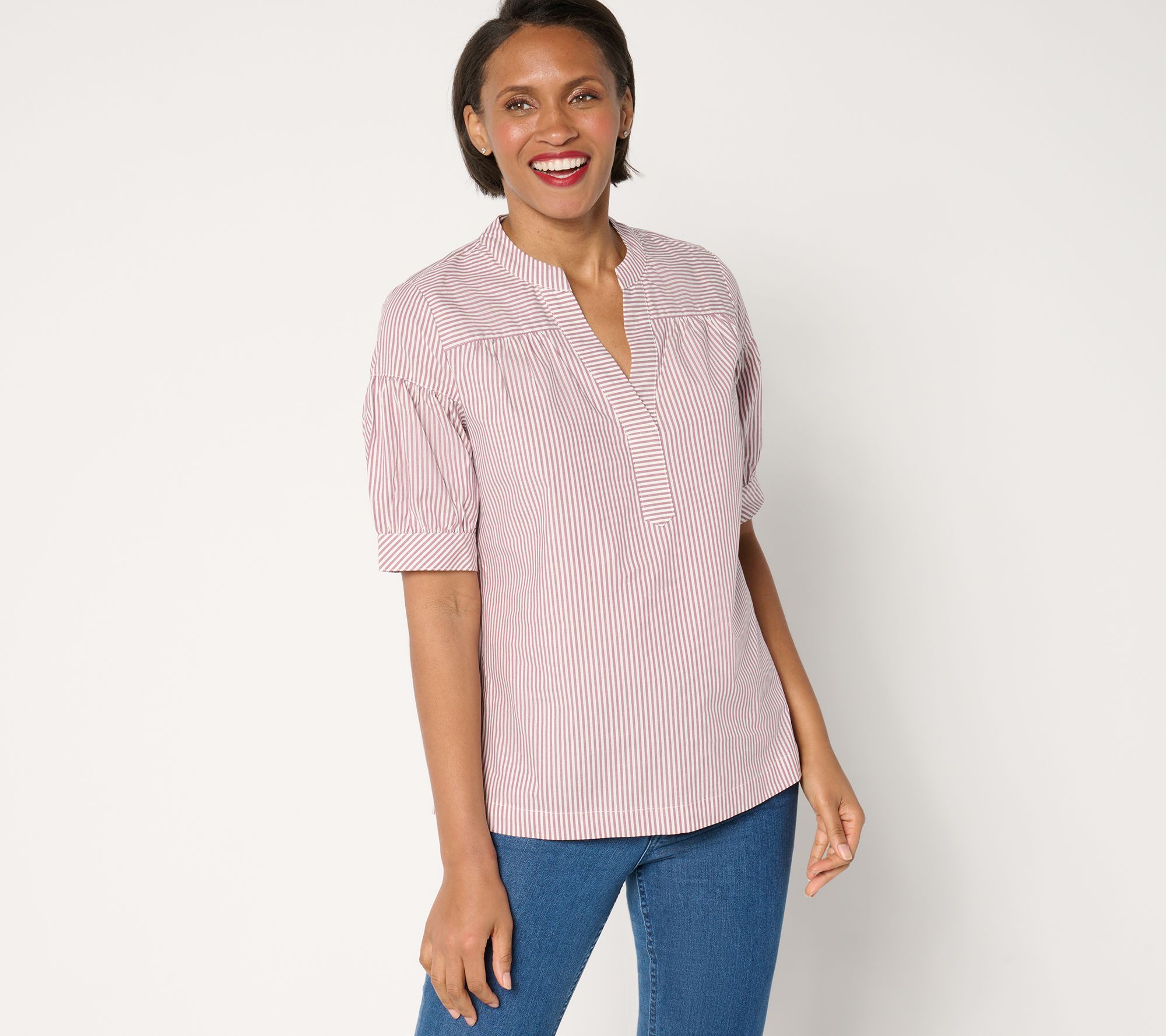 "As Is" Denim & Co. Poplin Yarn-Dye Elbow Sleeve Woven Top