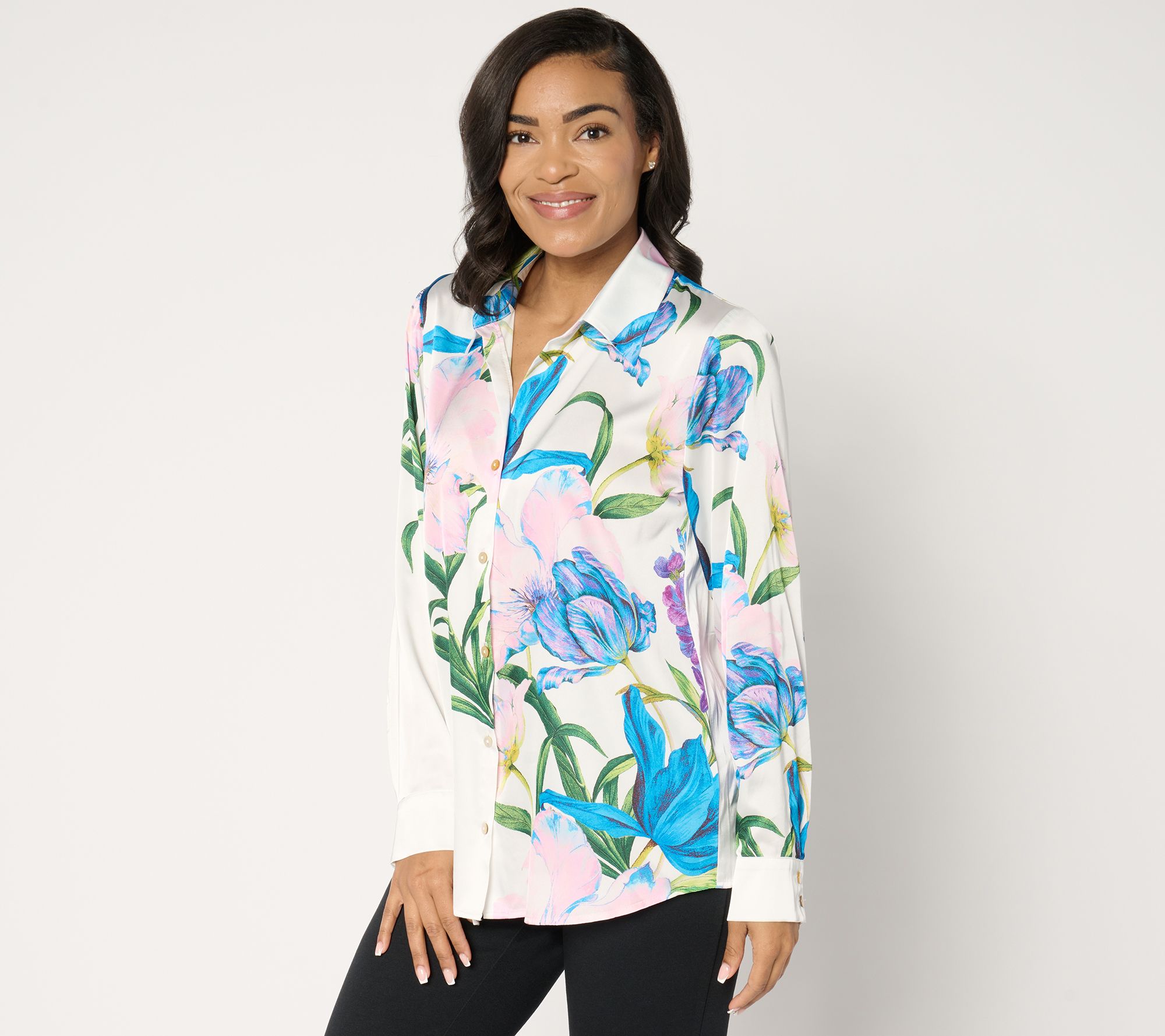 "As Is" Susan Graver Printed Stretch Charmeuse Button Shirt