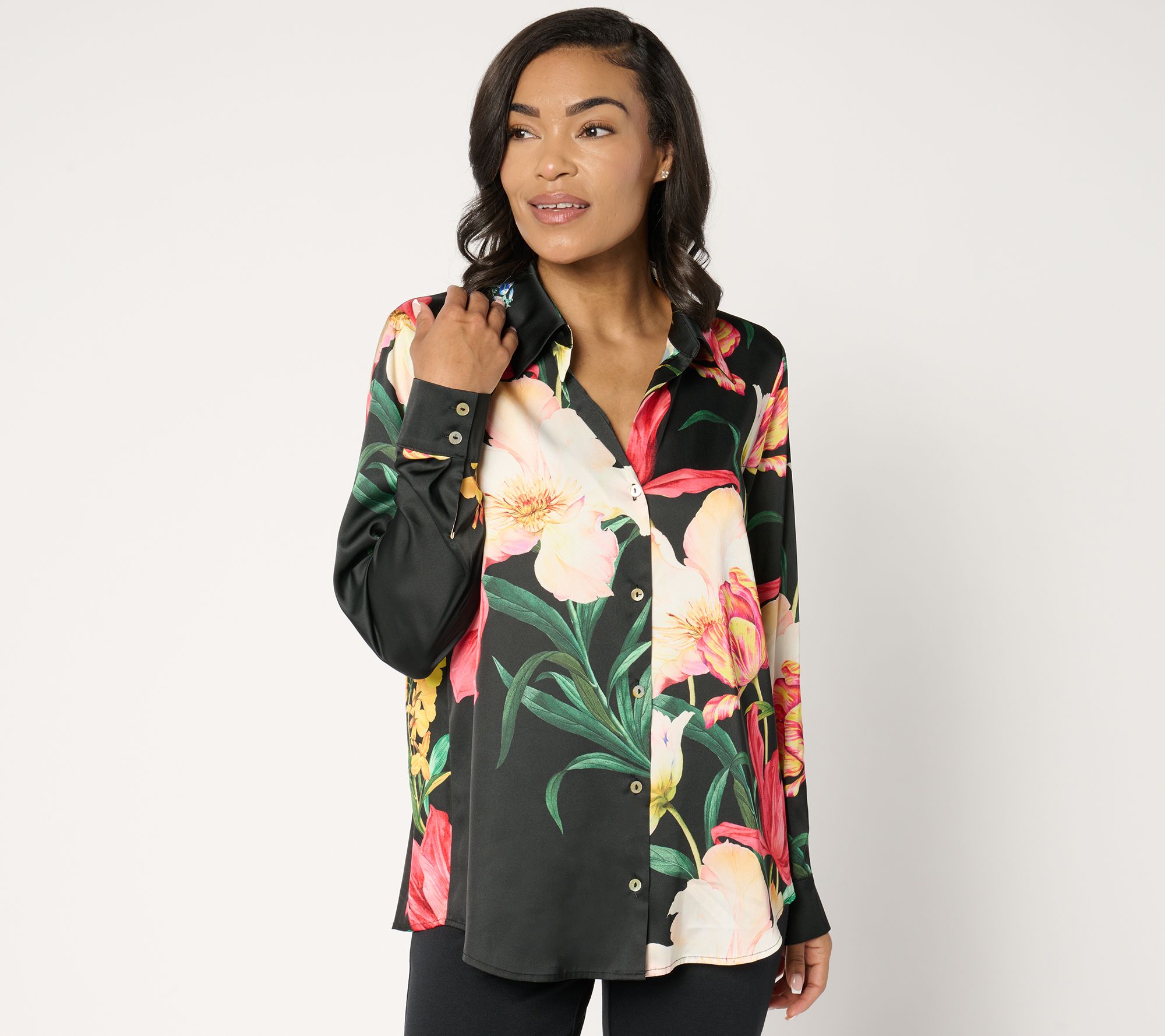 "As Is" Susan Graver Printed Stretch Charmeuse Button Shirt