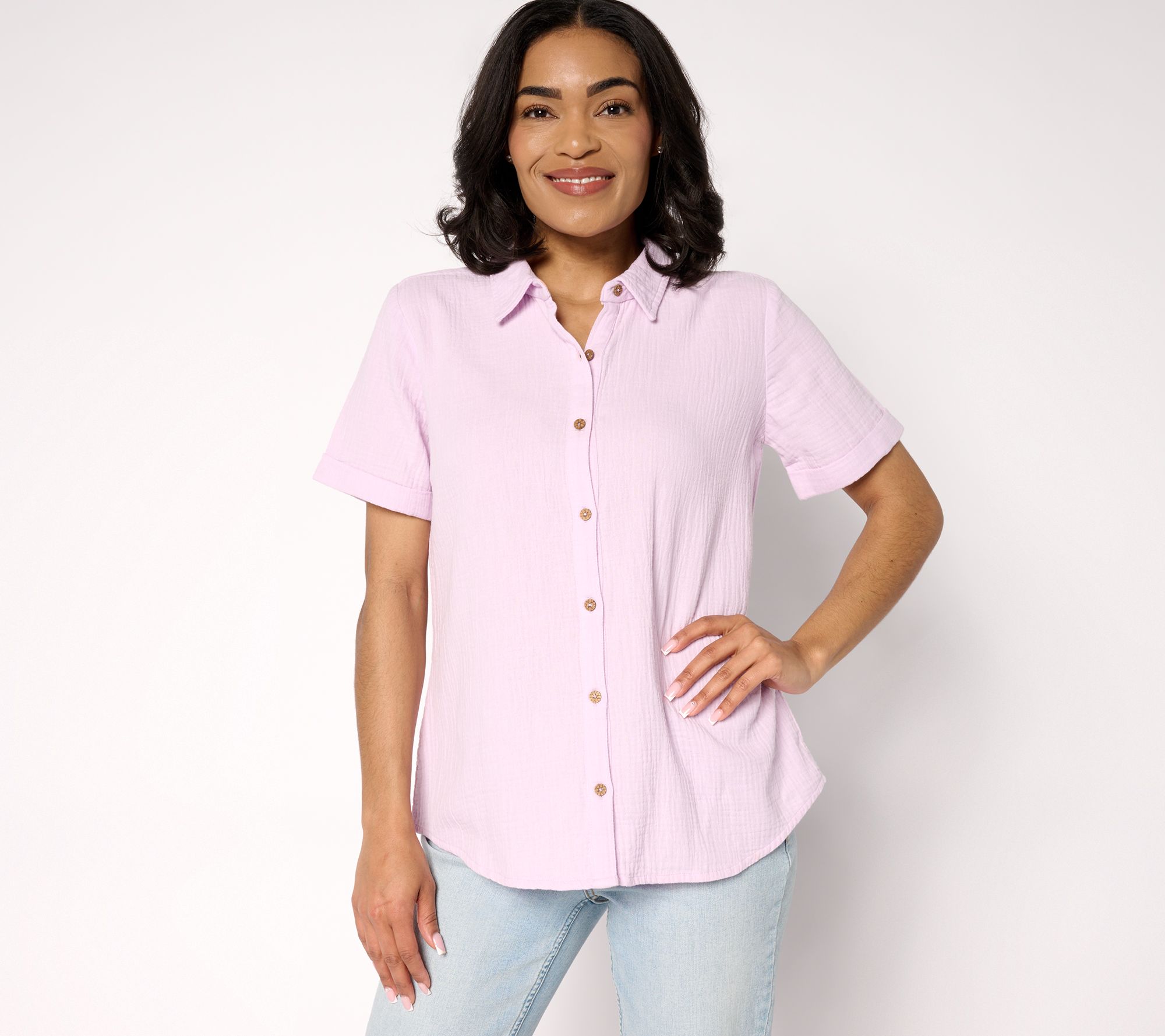 "As Is" Susan Graver PURE Petite Cotton Gauze Button Front Tunic