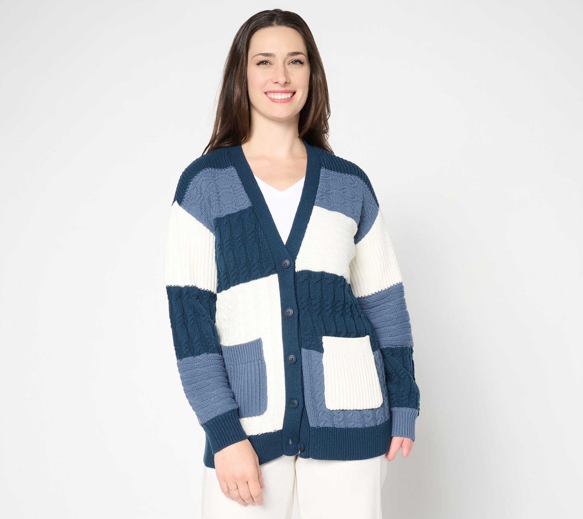 LOGO by Lori Goldstein Patchwork Button Front Cardigan