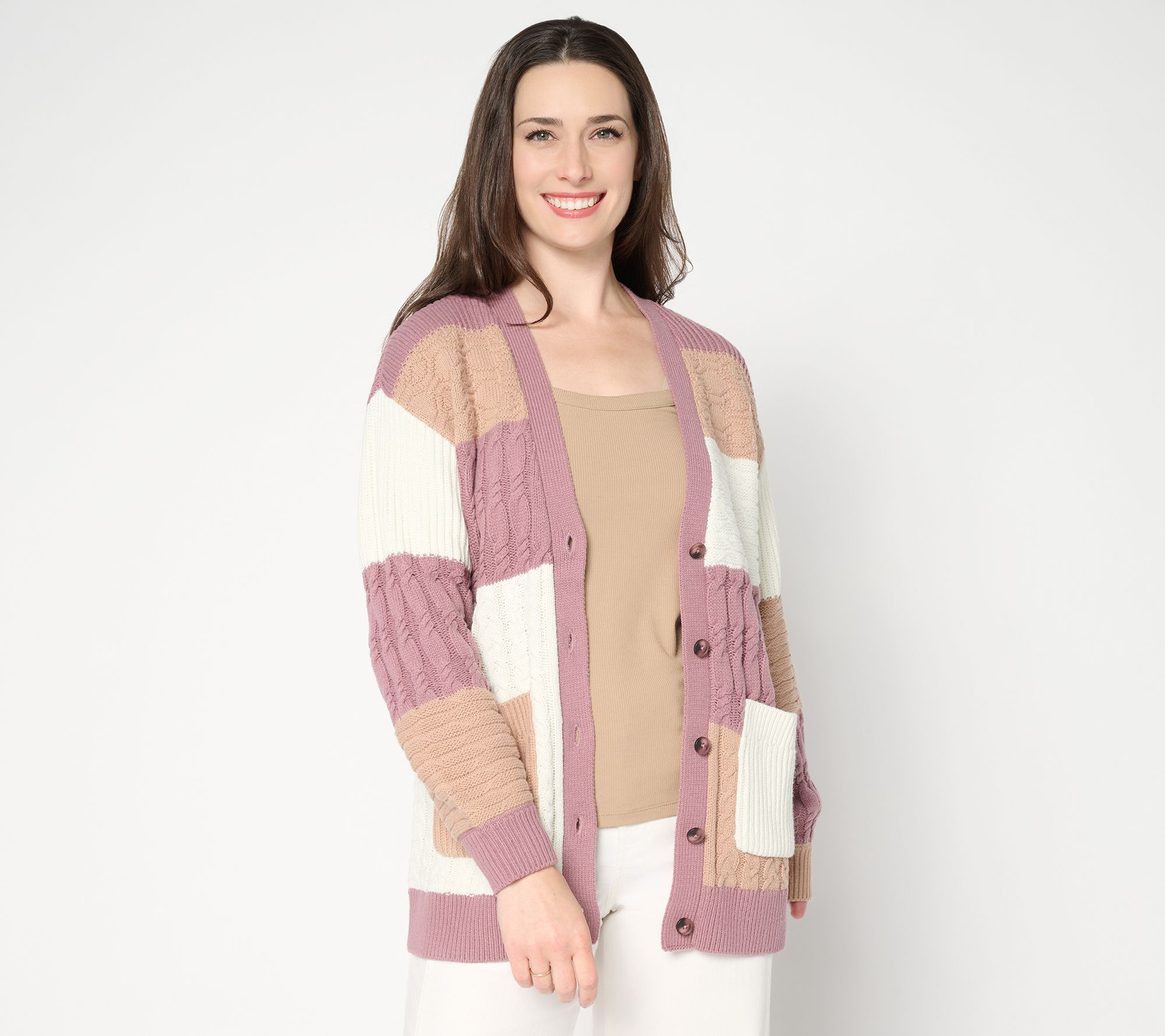 LOGO by Lori Goldstein Patchwork Button Front Cardigan