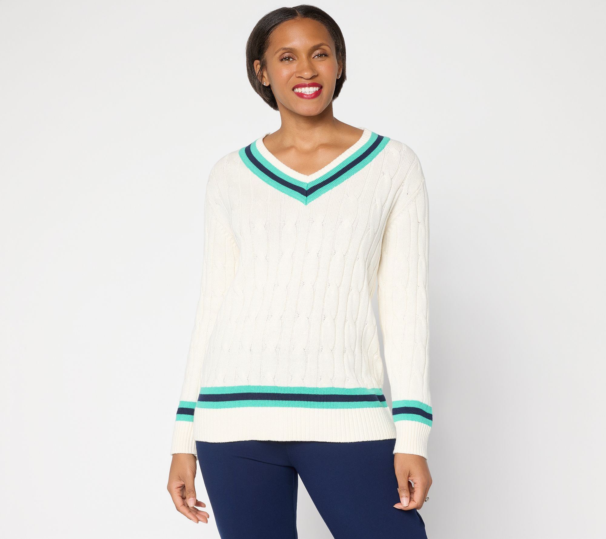 Joan Rivers Cable Knit V-Neck Sweater with Tipping