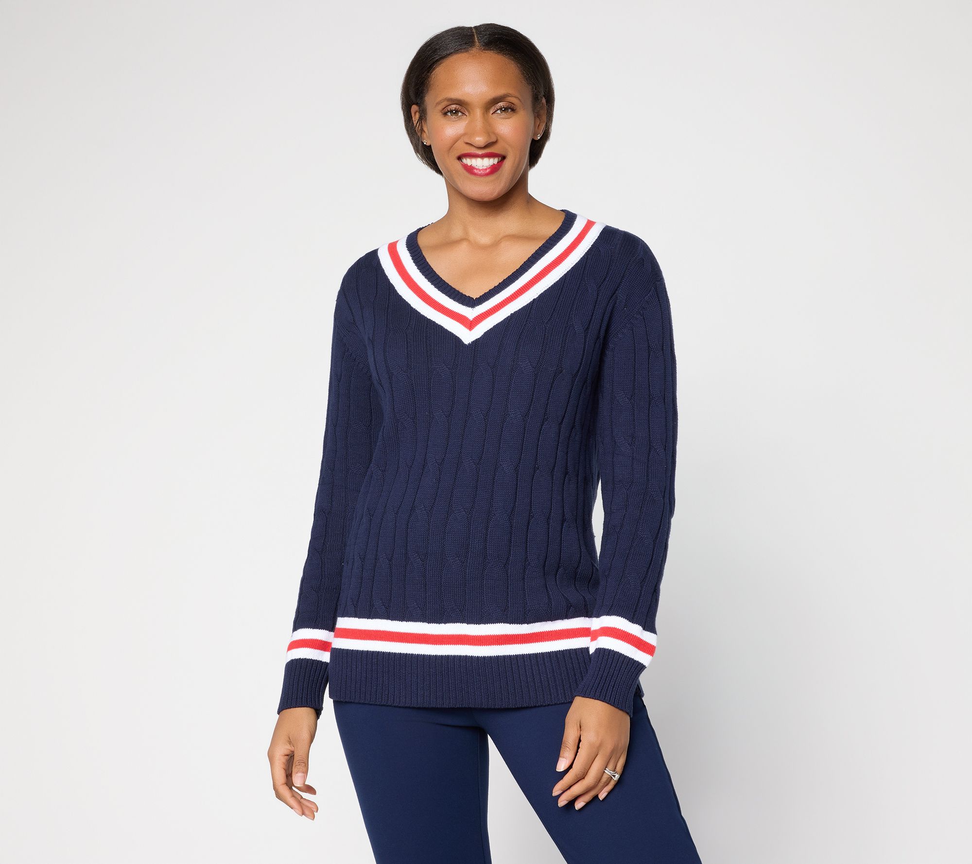 Joan Rivers Cable Knit V-Neck Sweater with Tipping