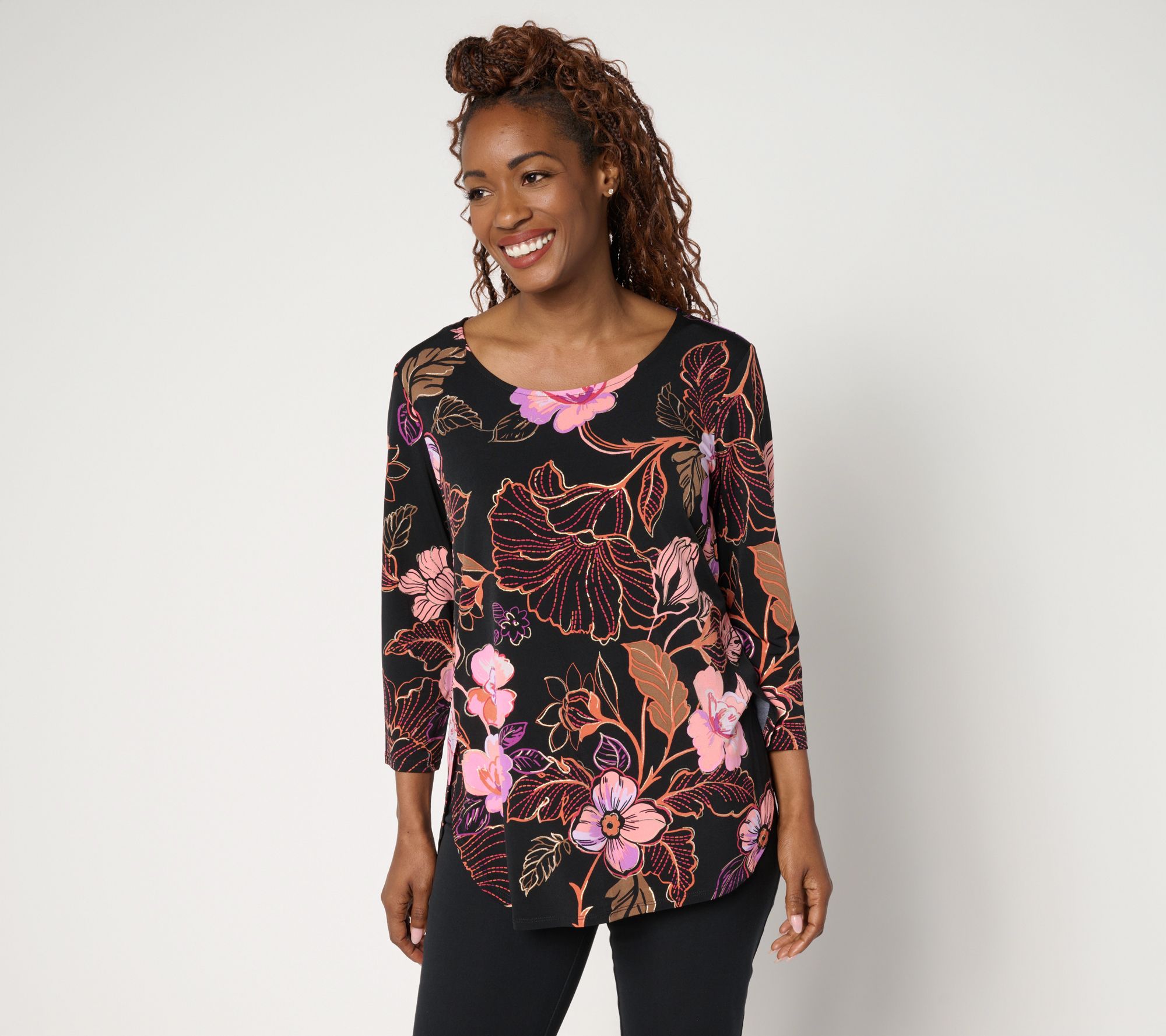 "As Is" Susan Graver Petite Printed Liquid Knit Tulip Hem Tunic