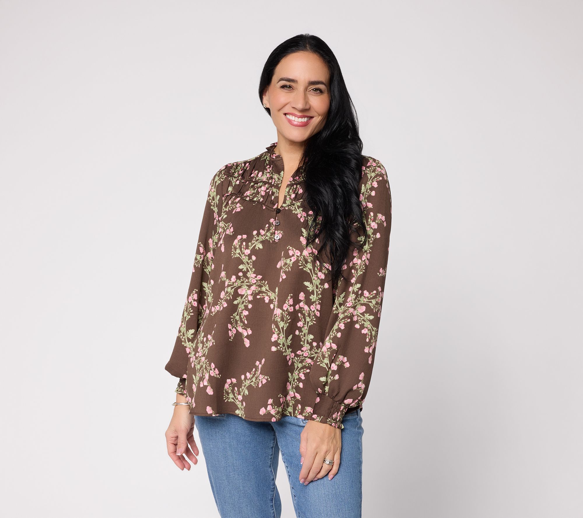 Ree by the Pioneer Woman Long Sleeve Blouse with Ruffle Neckline