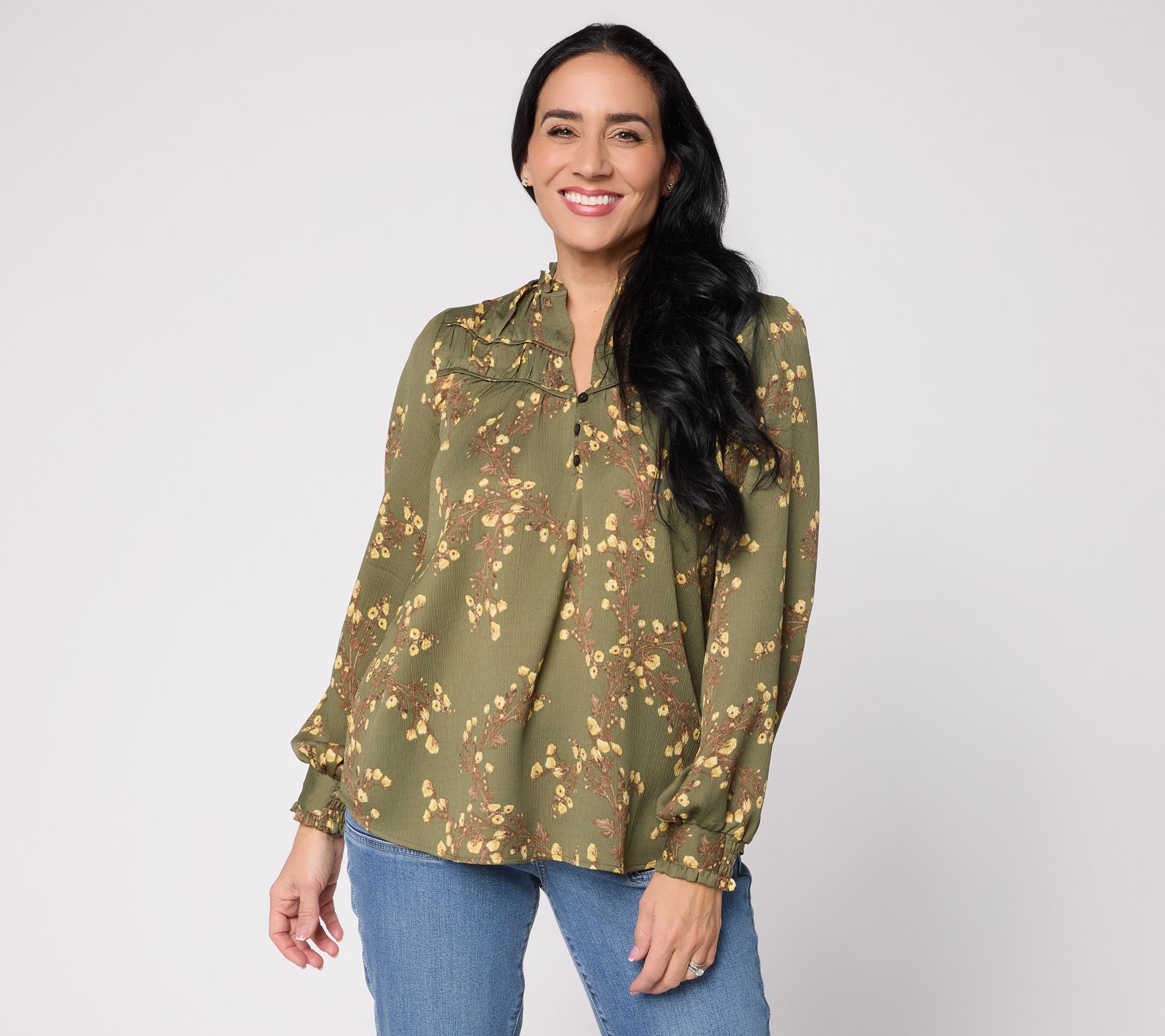 Ree by the Pioneer Woman Long Sleeve Blouse with Ruffle Neckline