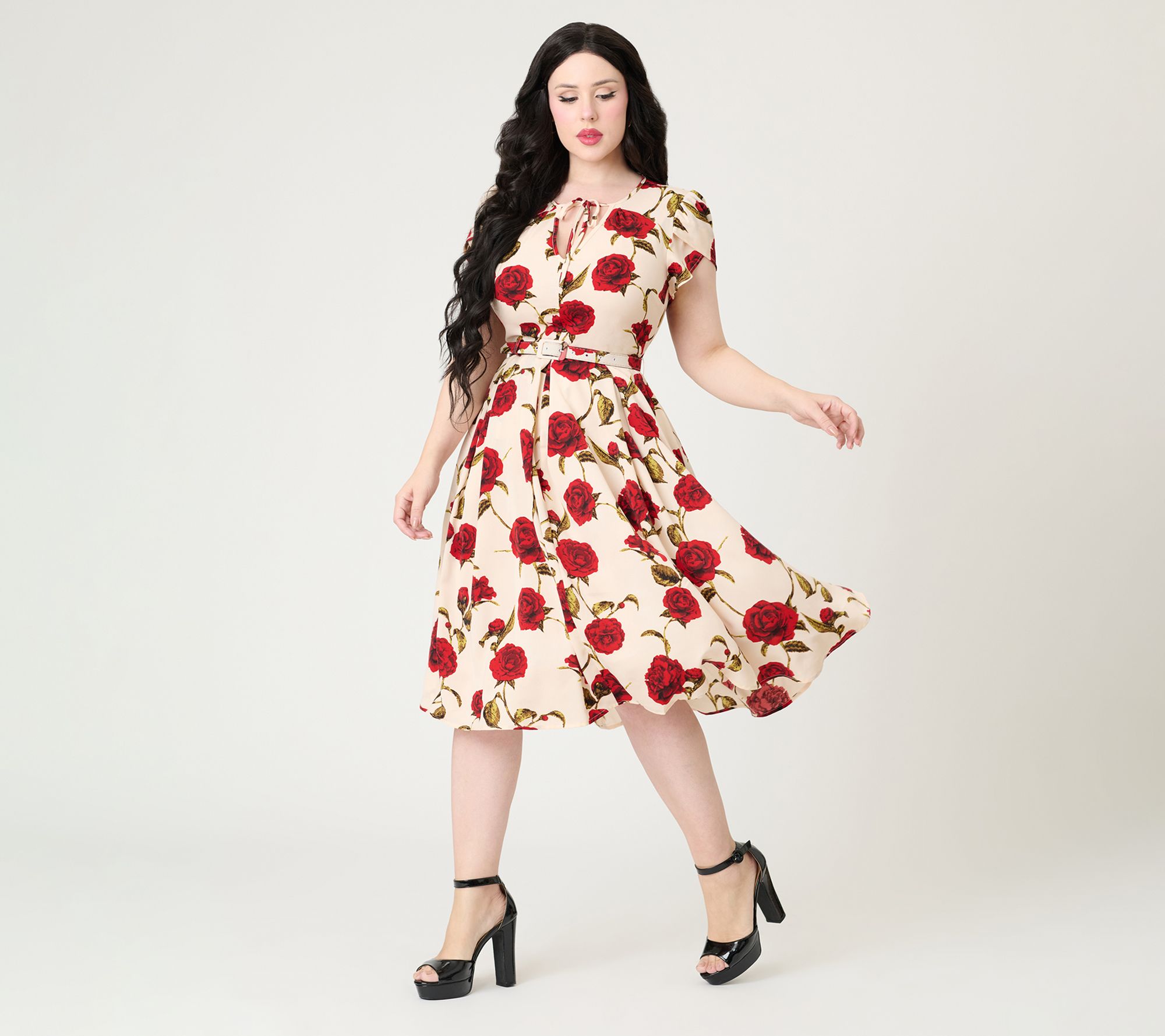 Unique Vintage White & Red Rose Dahlia Swing Dress
