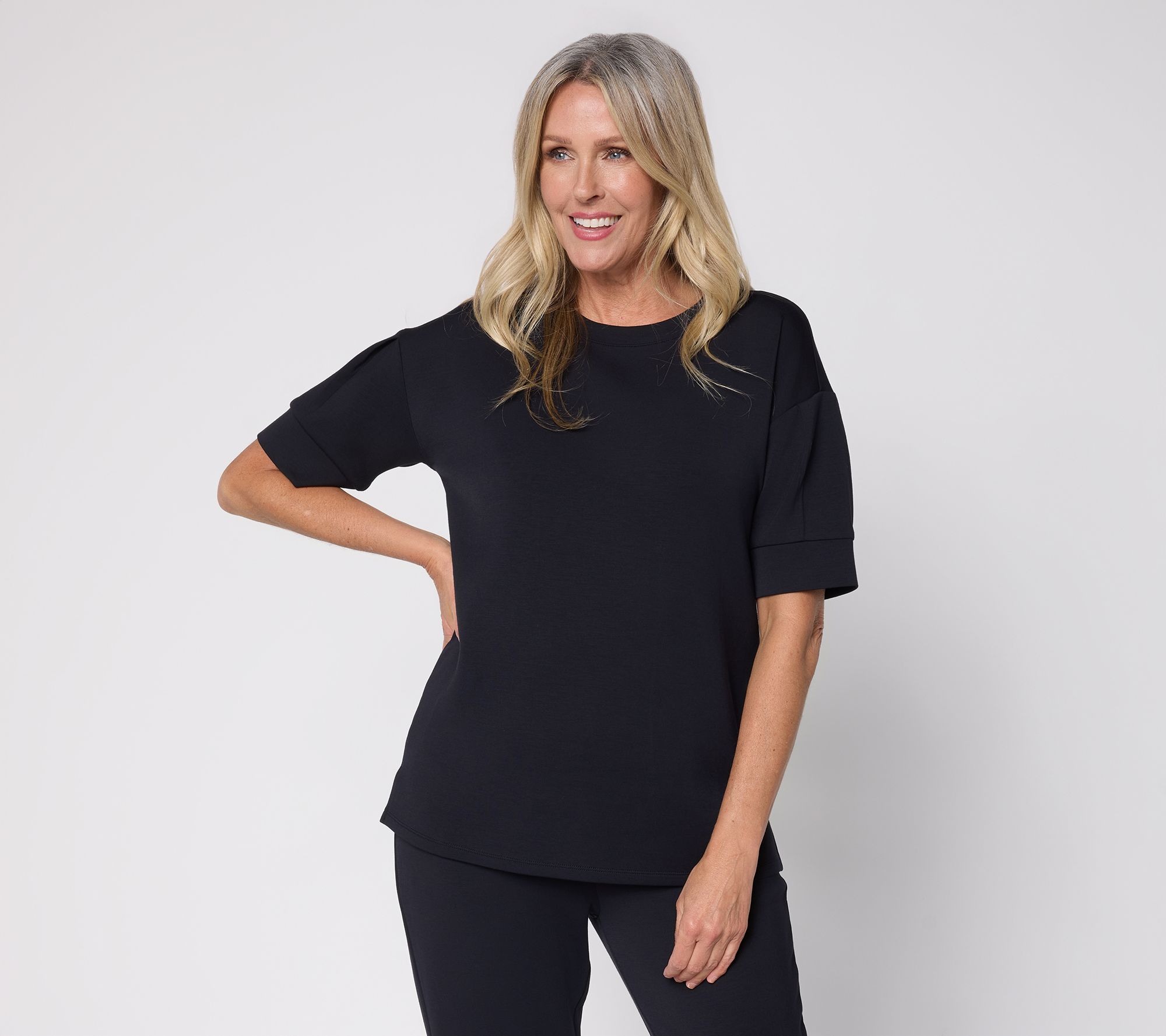 Belle by Kim Gravel ScubaLuxe Pleated Elbow Sleeve Top