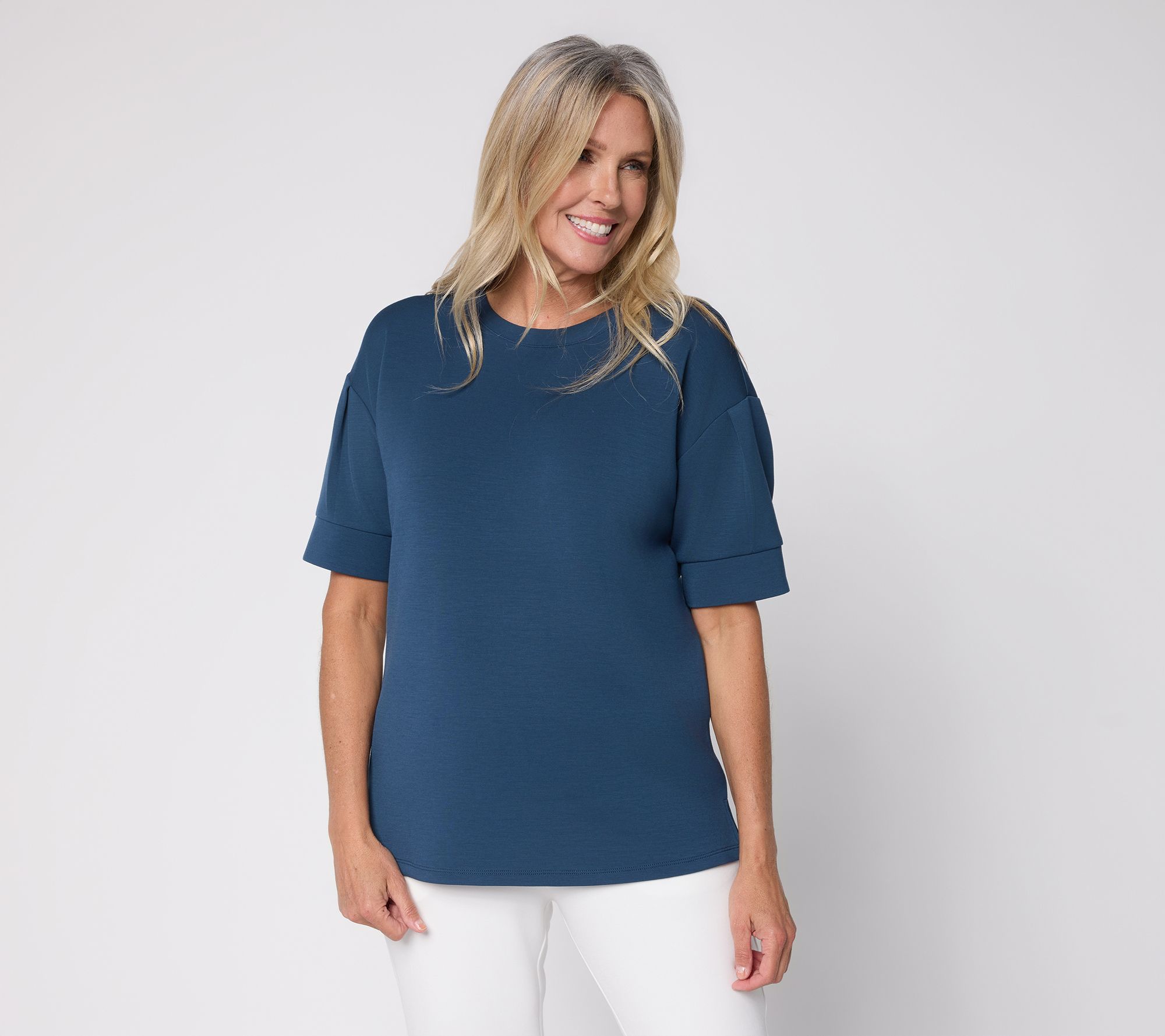 Belle by Kim Gravel ScubaLuxe Pleated Elbow Sleeve Top