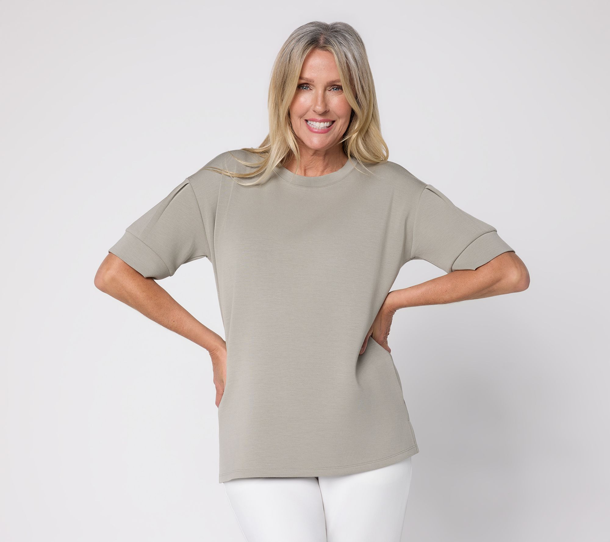 Belle by Kim Gravel ScubaLuxe Pleated Elbow Sleeve Top