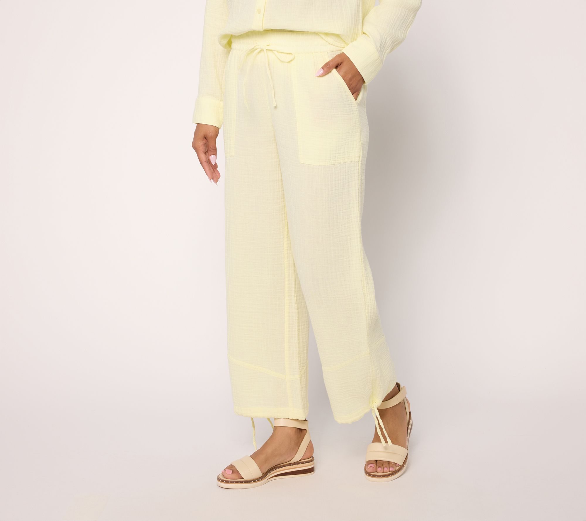  Peace Love World Petite Washed Cotton Gauze Pants with Hem Detail