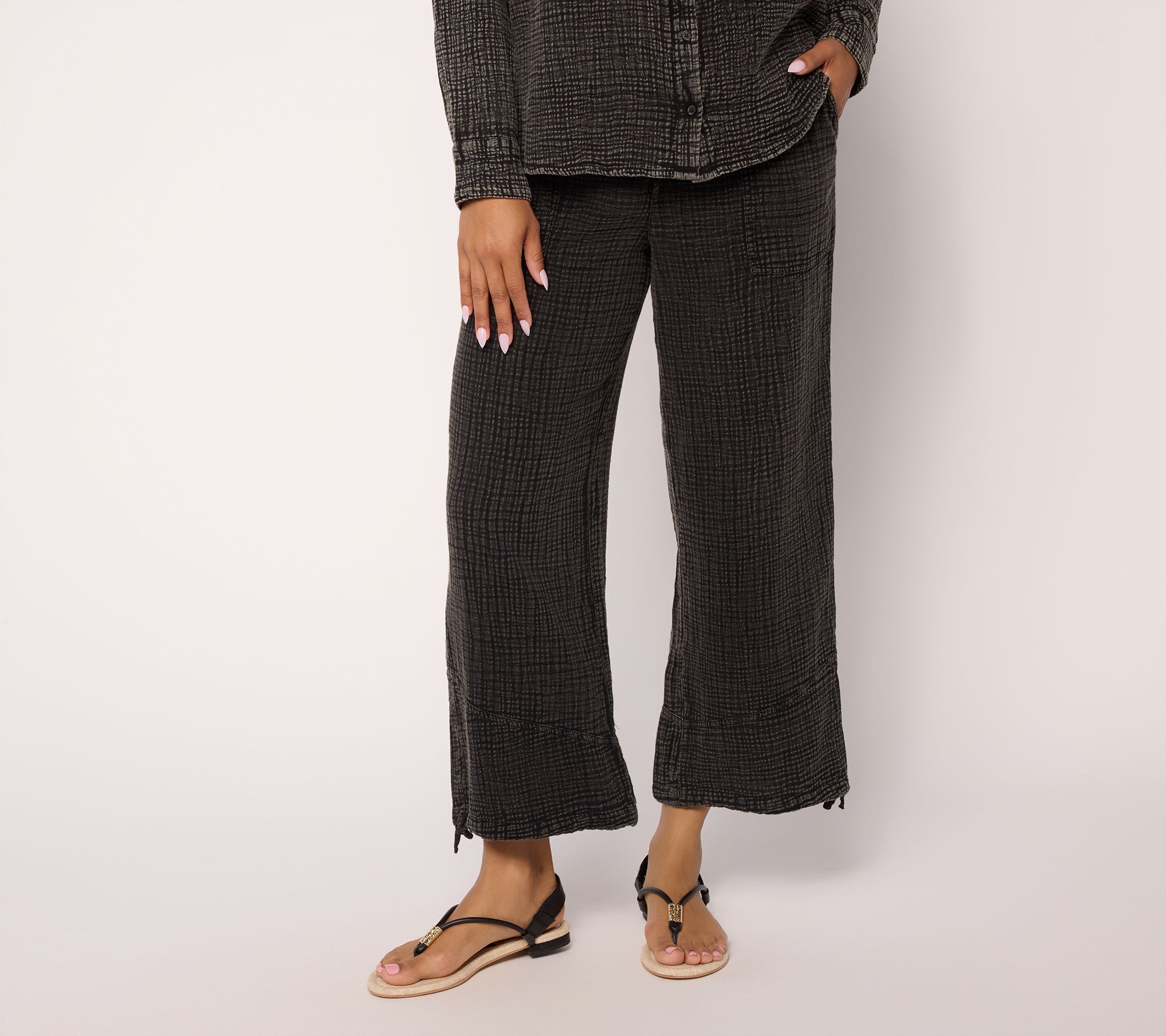 Peace Love World Petite Washed Cotton Gauze Pants with Hem Detail