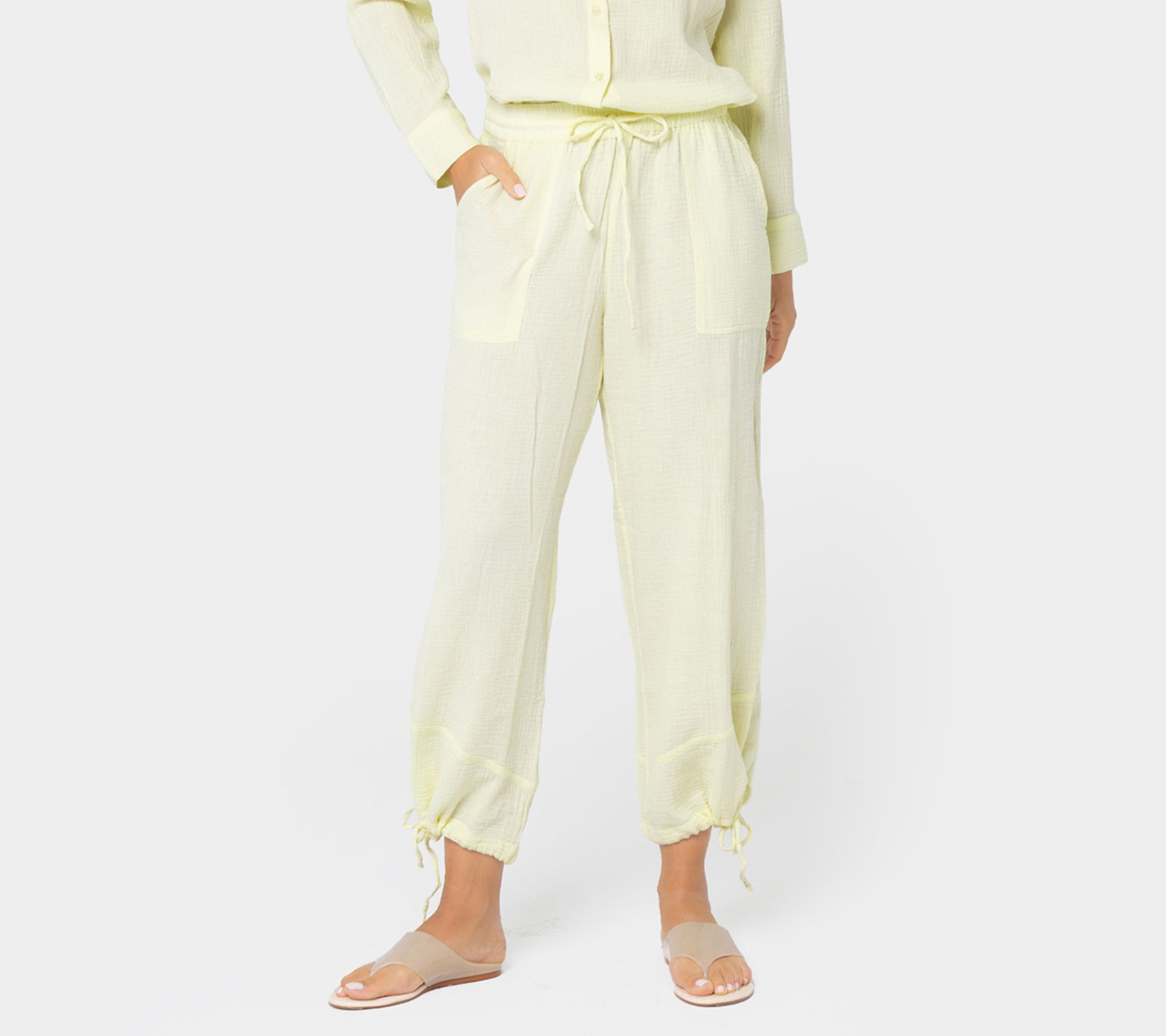 Peace Love World Petite Washed Cotton Gauze Pants with Hem Detail