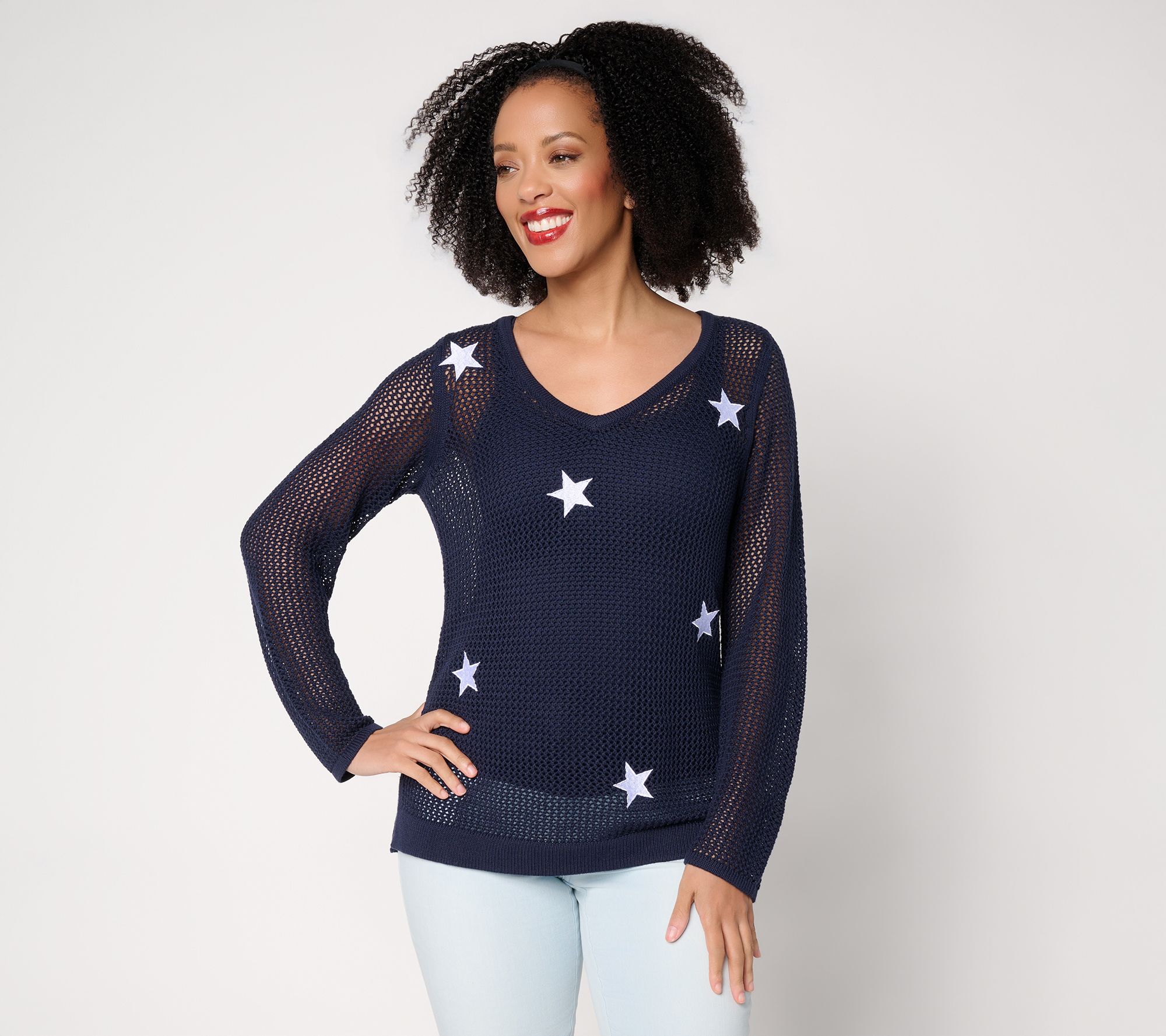 Liberty Belles by Kim Gravel American Pie Open Stitch V Neck Sweater