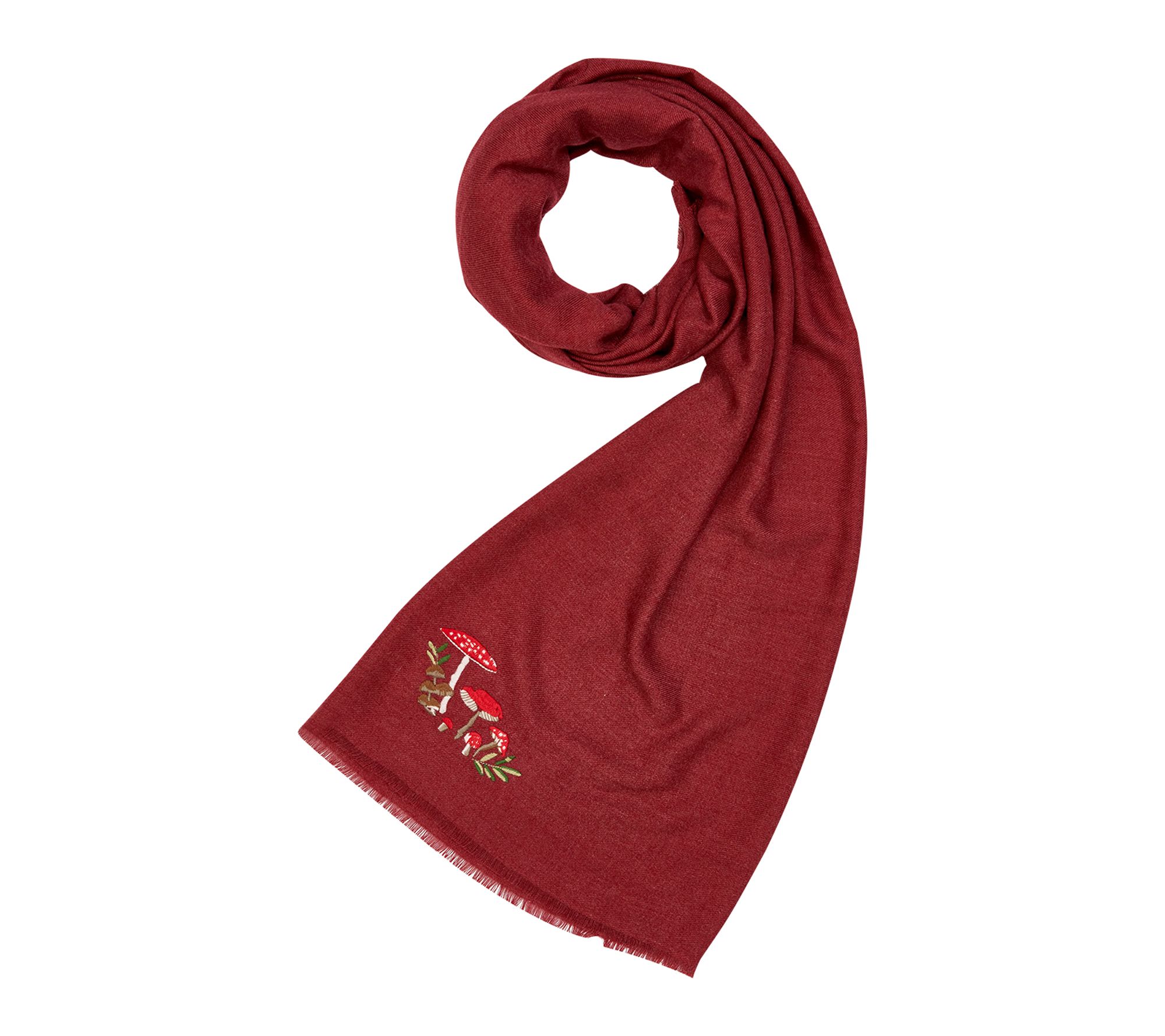 Fable England Mushroom Embroidered Burgundy Pashmina Scarf