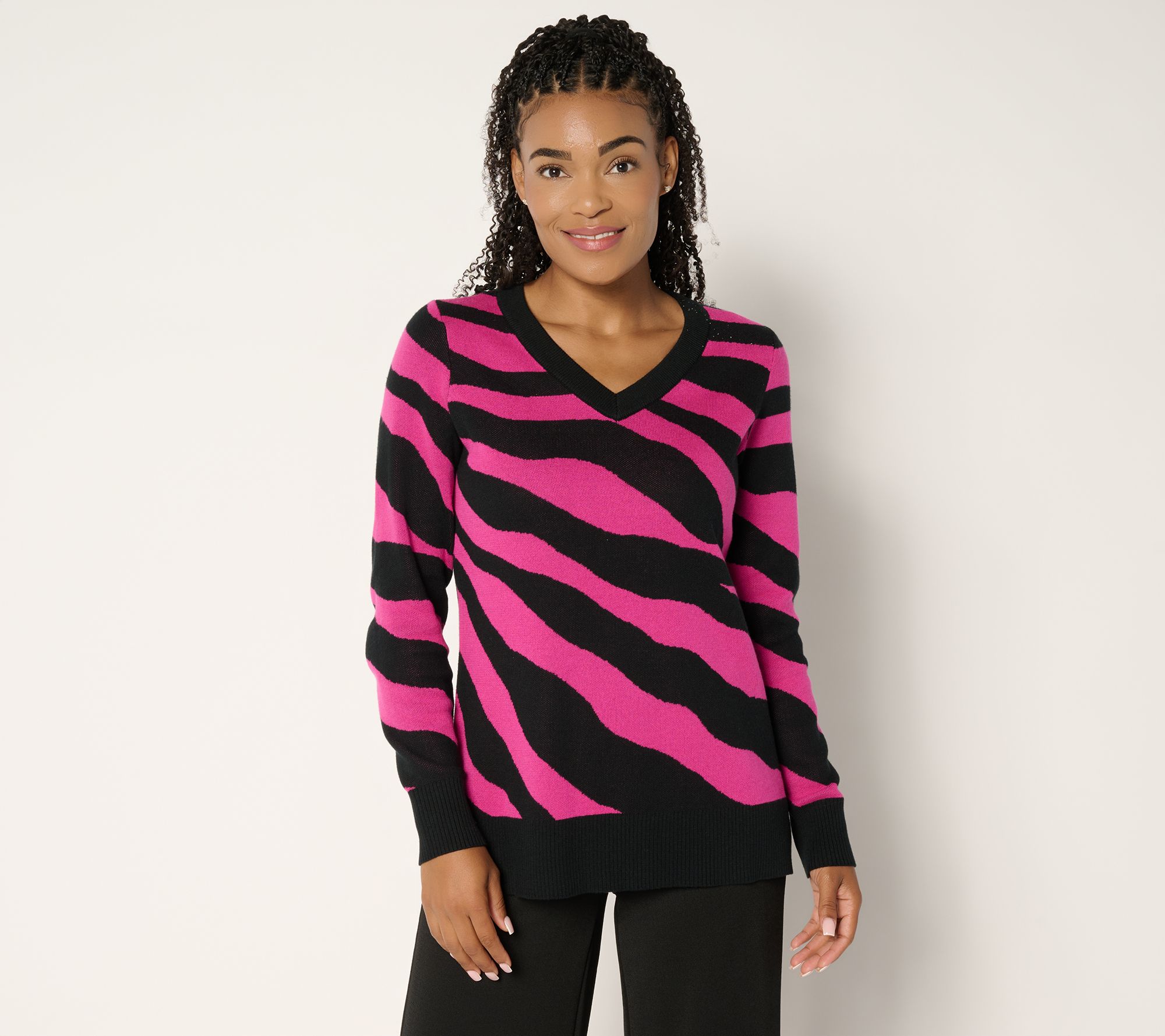 "As Is" Brandis Dress Out Loud Graphic V-Neck Intarsia Sweater