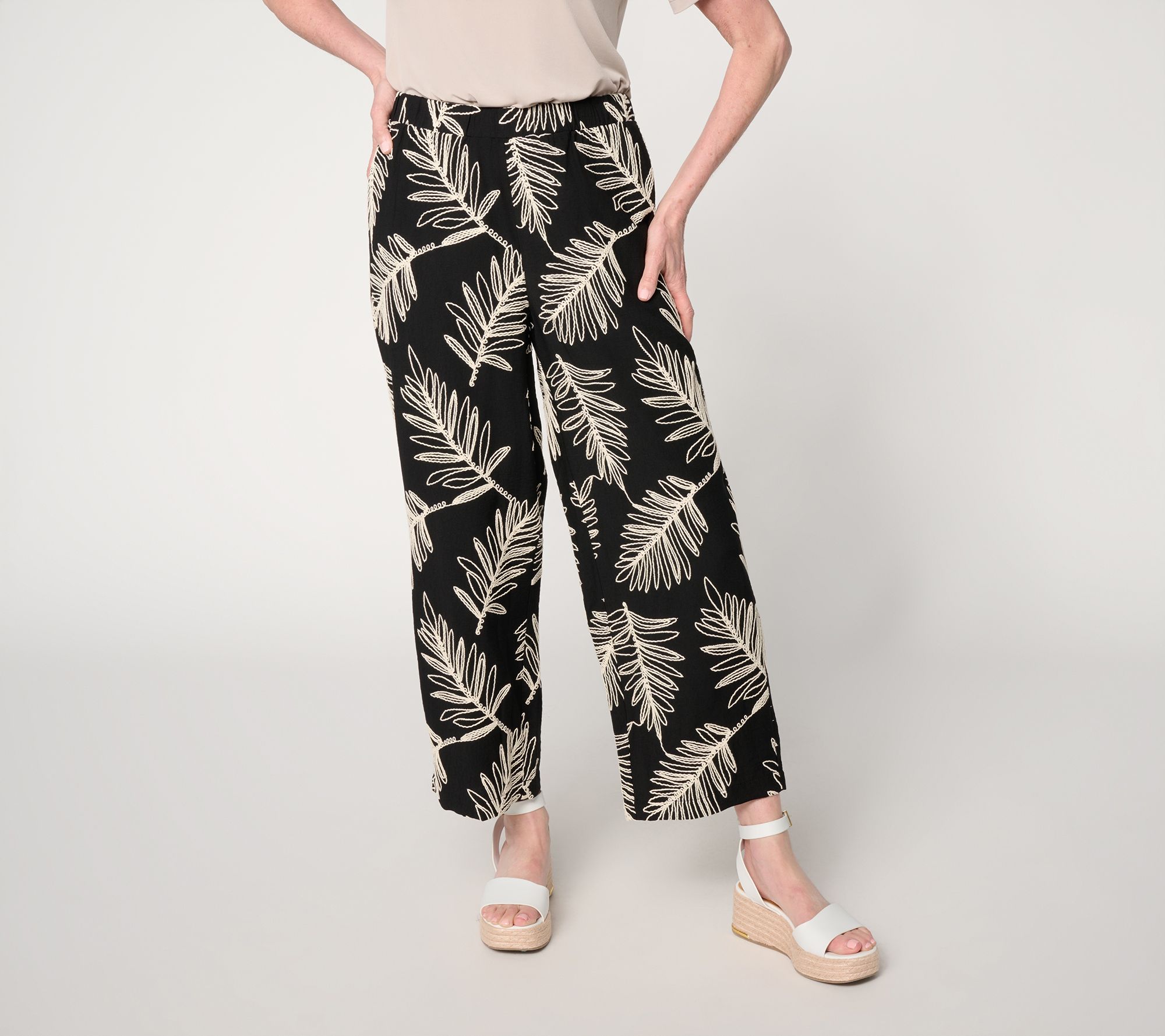 Susan Graver Weekend Regular Embroidered Woven Wide Leg Crop Pants