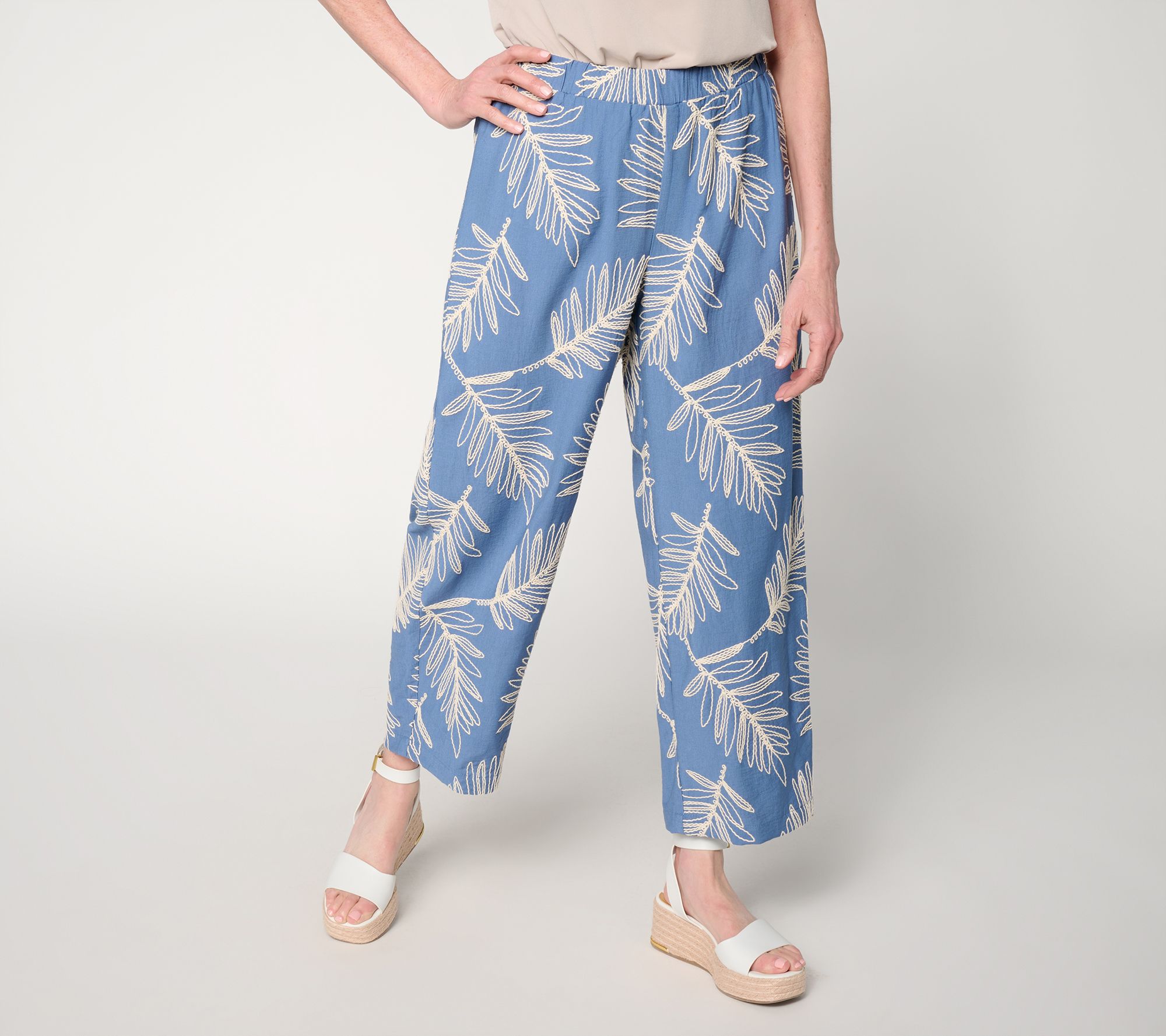 Susan Graver Weekend Regular Embroidered Woven Wide Leg Crop Pants