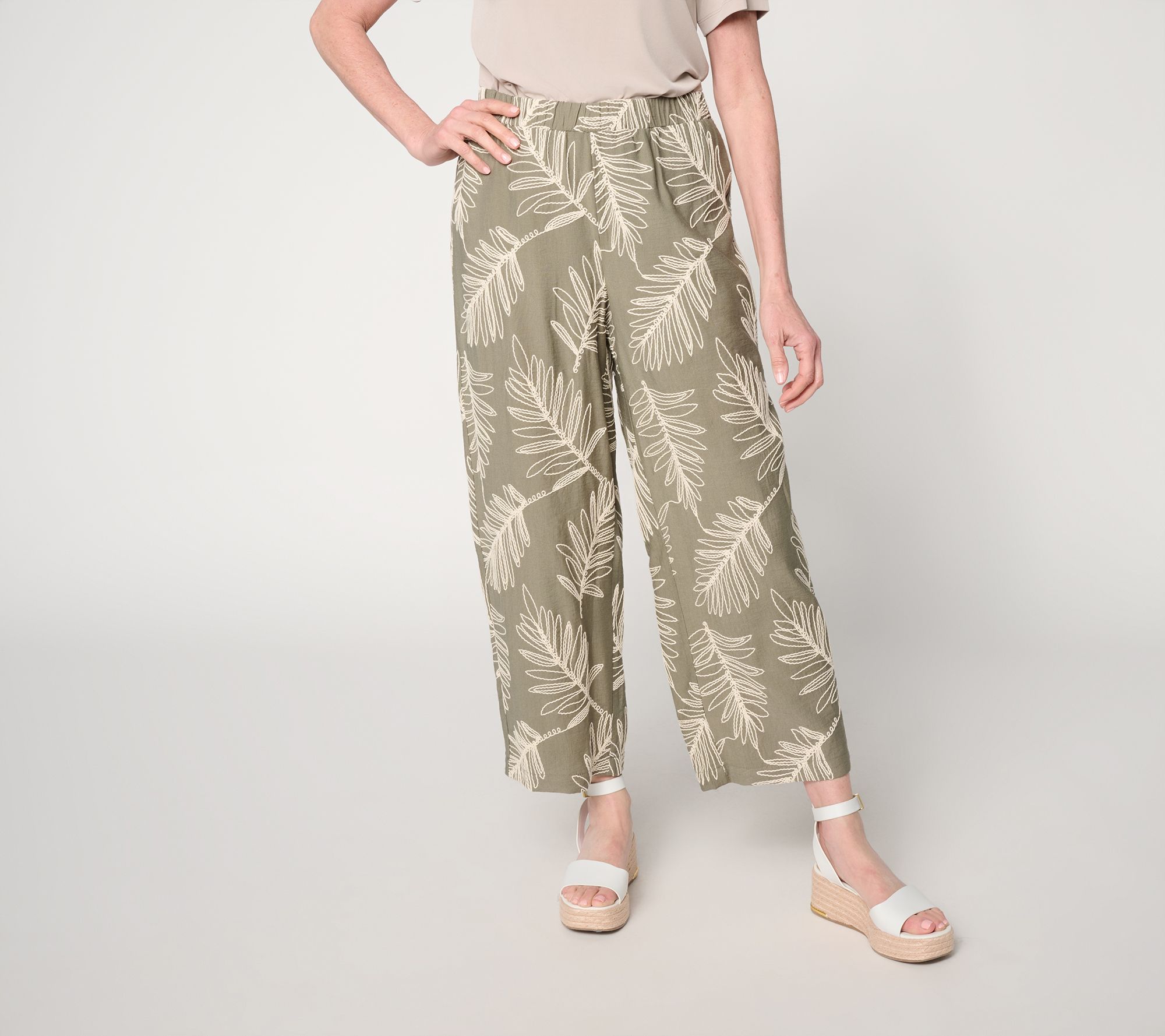 Susan Graver Weekend Regular Embroidered Woven Wide Leg Crop Pants