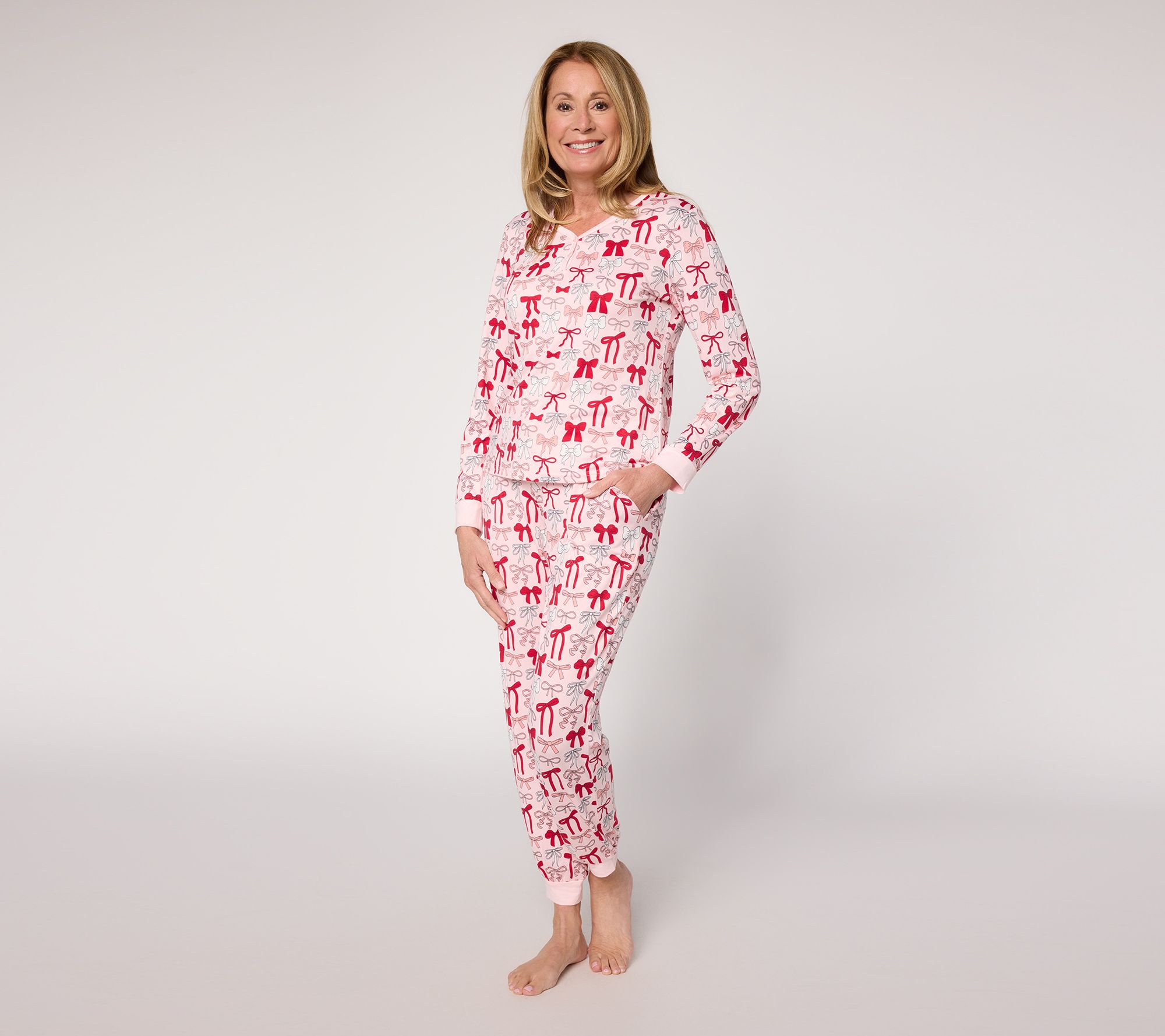 "As Is" MUK LUKS Petite Cloud Knit Henley Printed Pajama Set