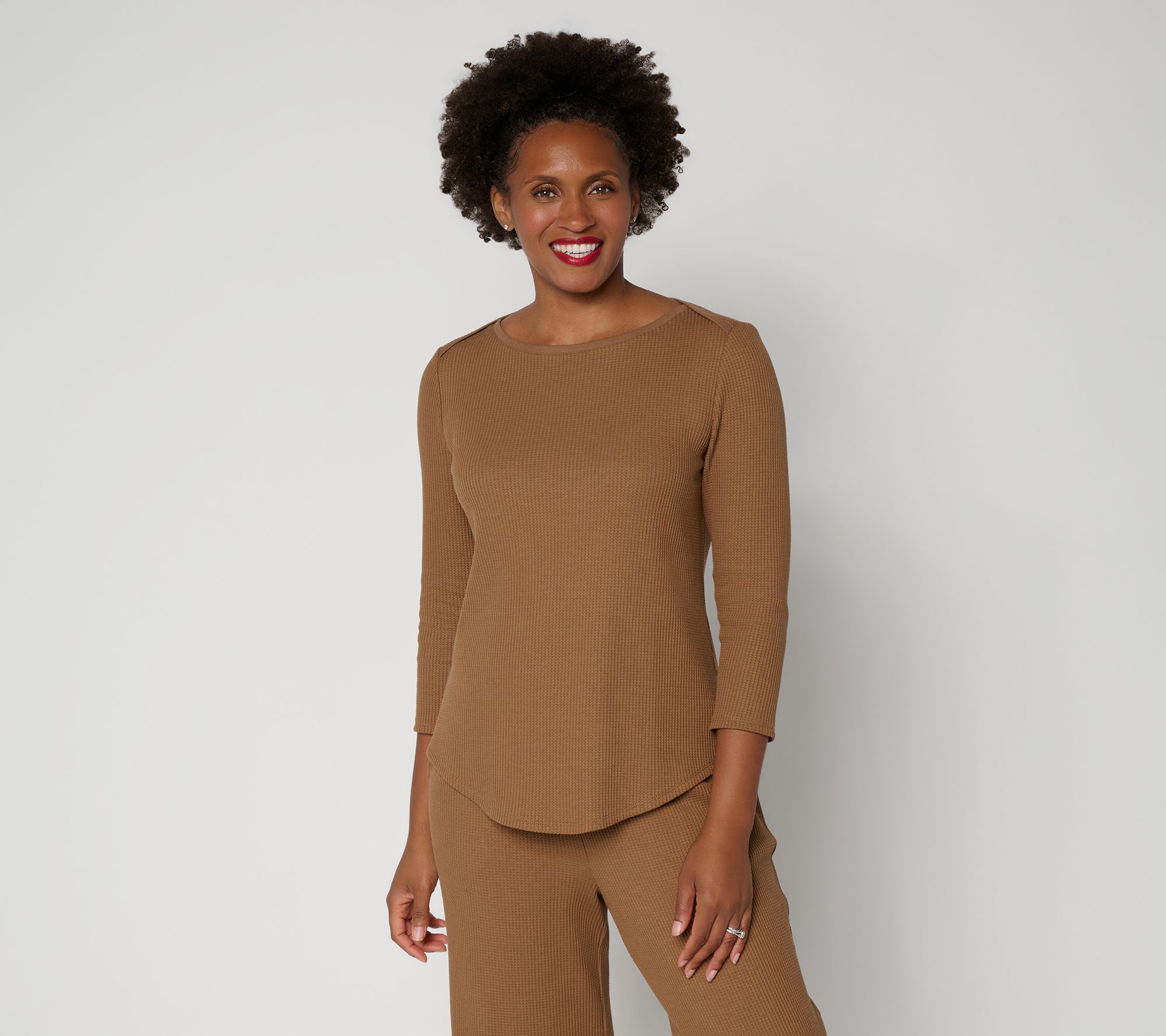  Susan Graver Weekend Waffle Knit 3/4 Sleeve Shirttail Hem Top