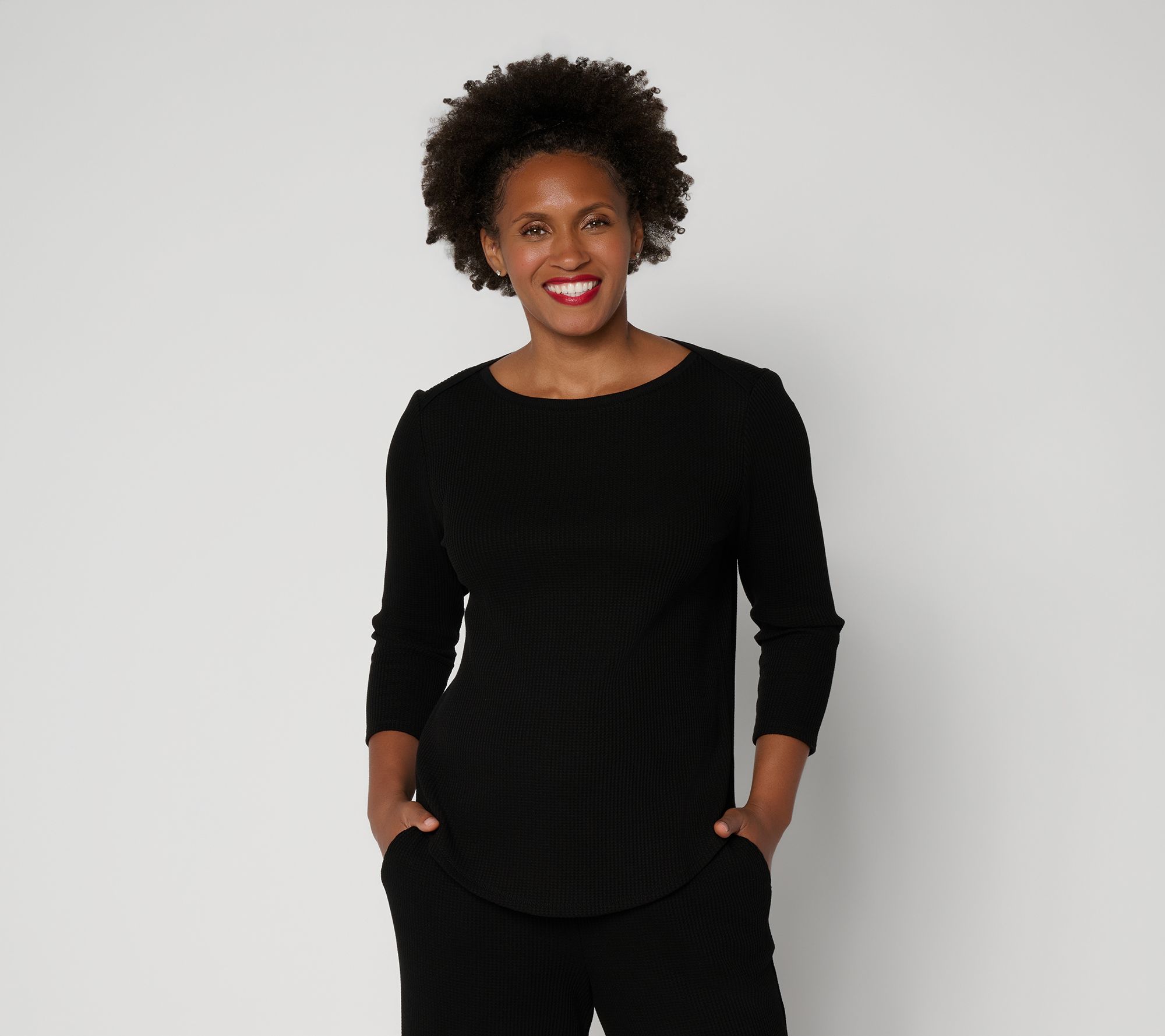 Susan Graver Weekend Waffle Knit Shirttail Hem Top