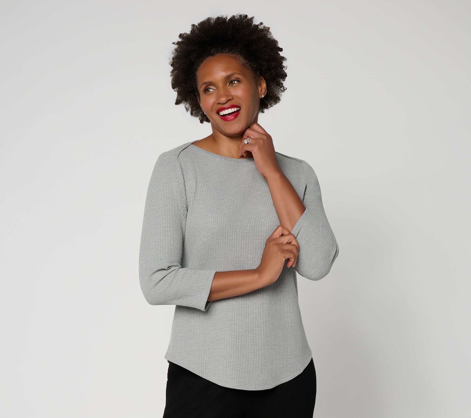 Susan Graver Weekend Waffle Knit 3/4 Sleeve Shirttail Hem Top