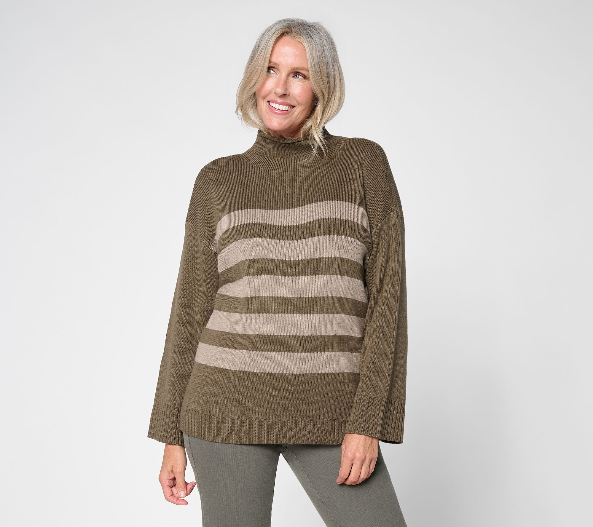 Martha Stewart Signature 100% Cotton Roll Neck Striped Sweater
