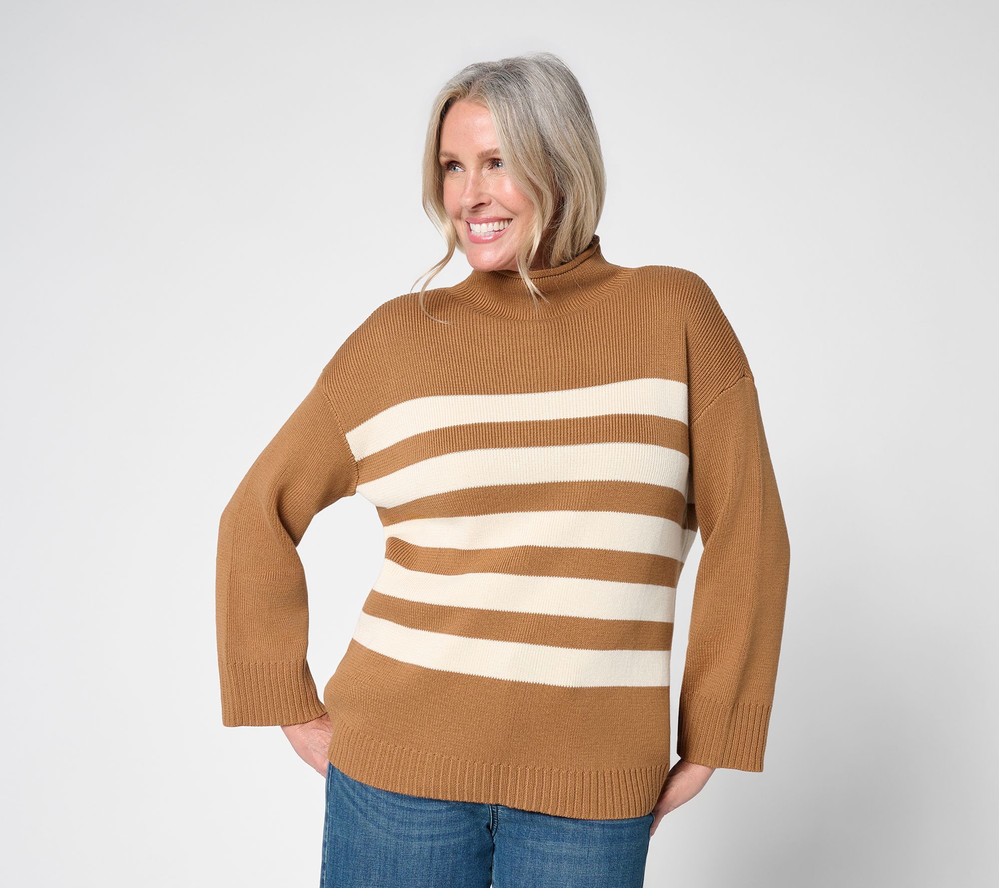 Martha Stewart Signature 100% Cotton Roll Neck Striped Sweater
