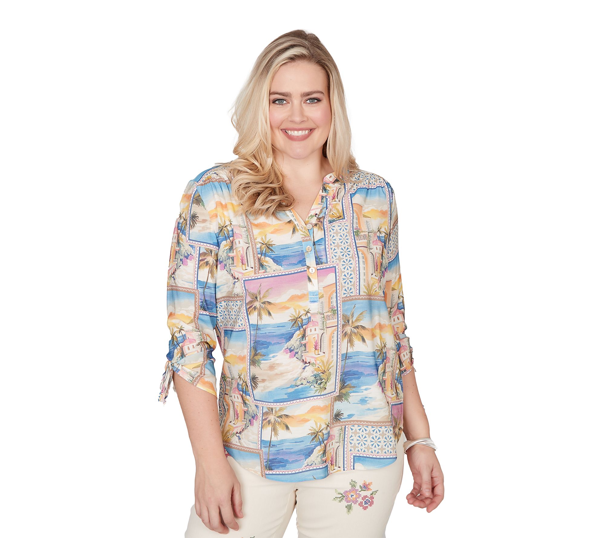 Alfred Dunner W omen's Postcard Print Tie Slee ve Henley Top
