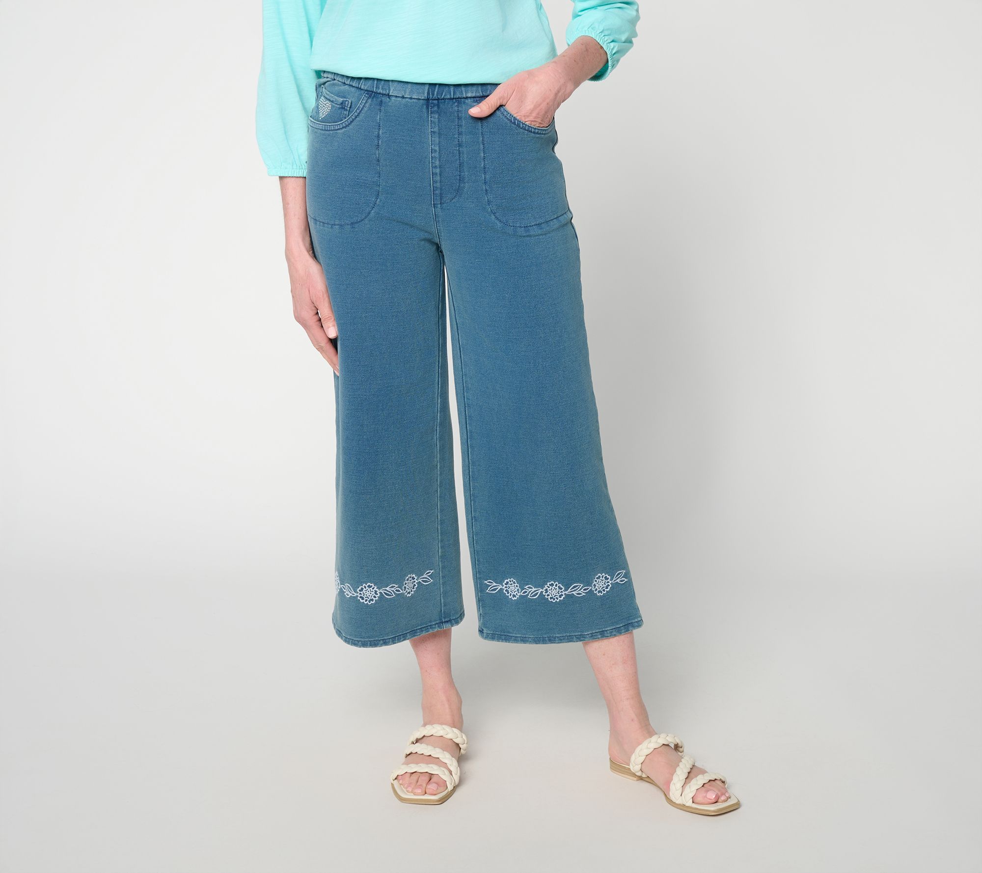 "As Is" Quacker Factory DreamJeannes Eyelet Cropped Wide Leg Pants