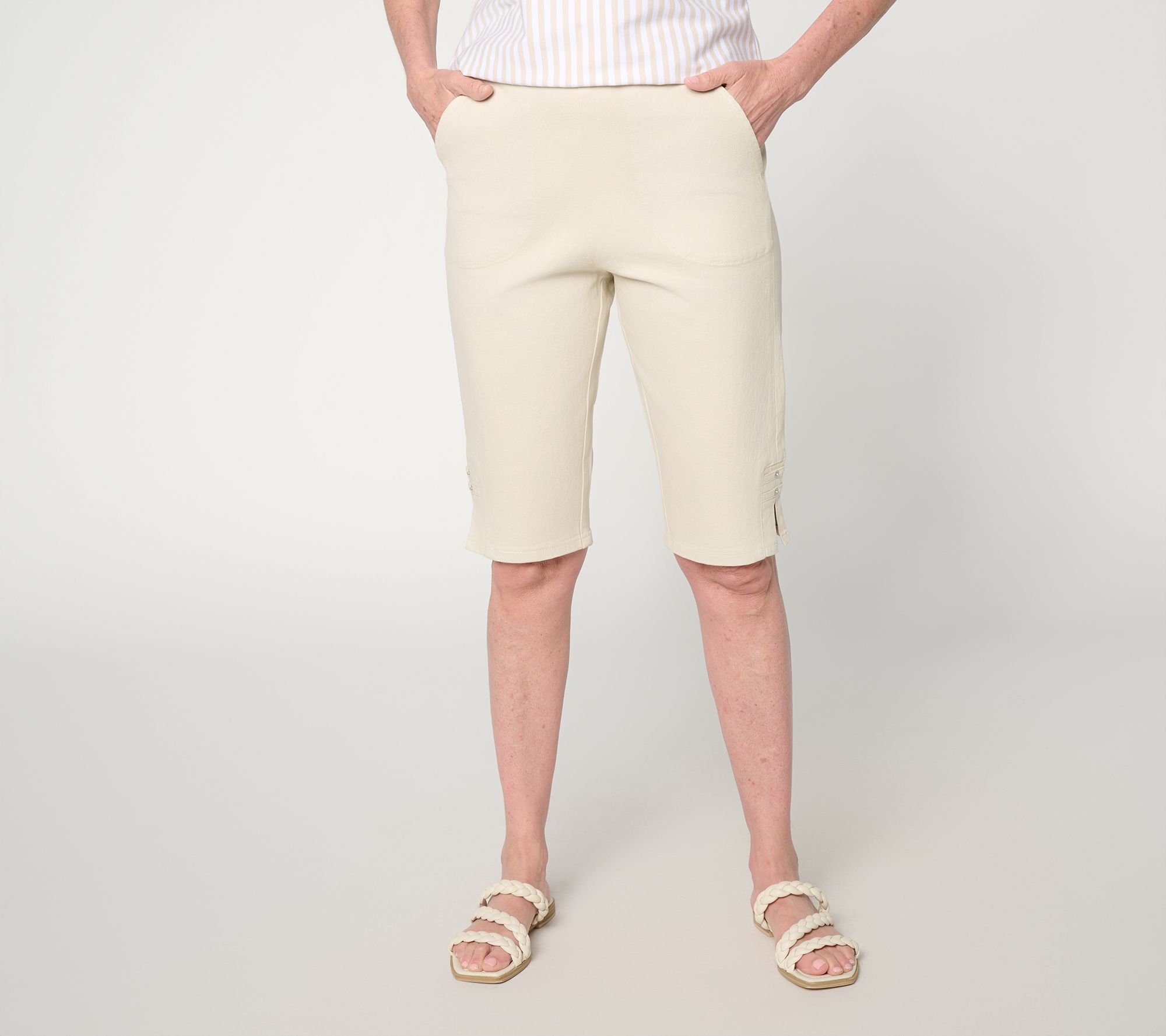 "As Is" Denim & Co. Petite Flat Front Bermuda Shorts w/ Hem Detail
