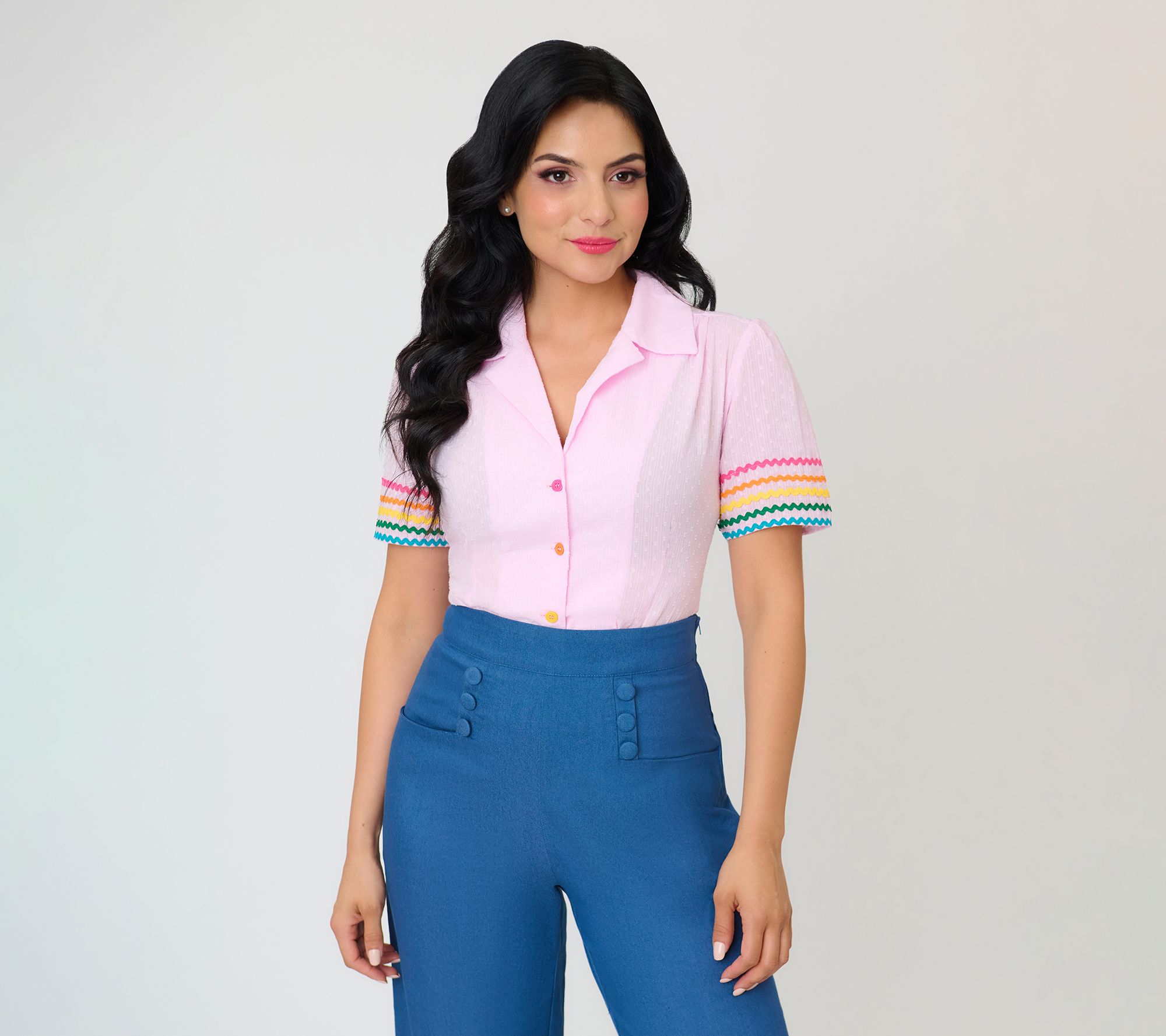 Unique Vintage Pink w/ Rainbow Trim Notched Collar Blouse