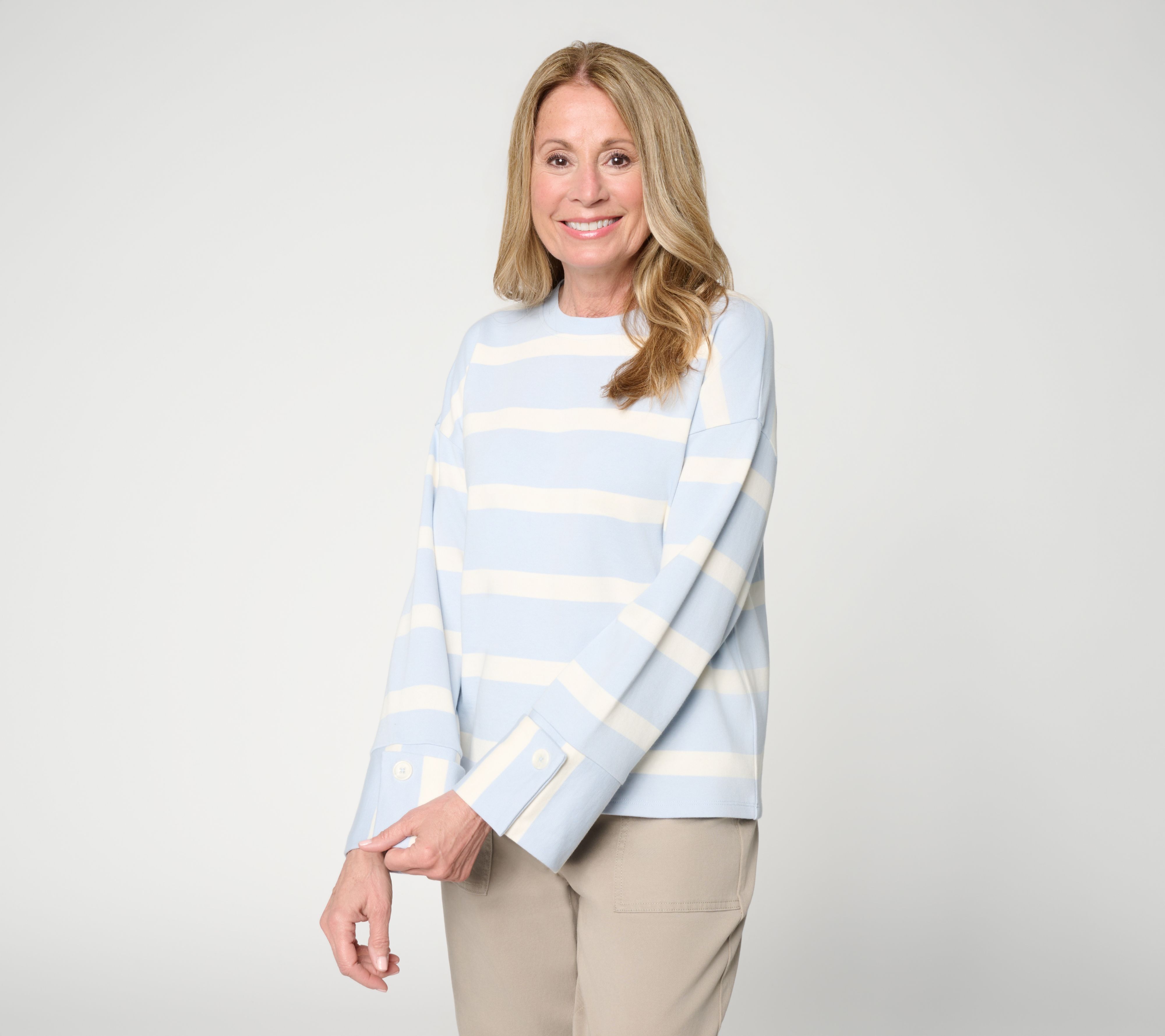 "As Is" Peace Love World Striped Crew Neck Pullover w/ Cuff Detail