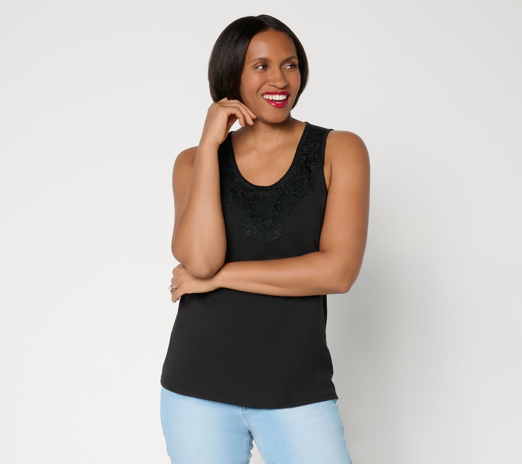 "As Is" Ree by The Pioneer Woman Knit Tank Top with Lace Medallion Trim