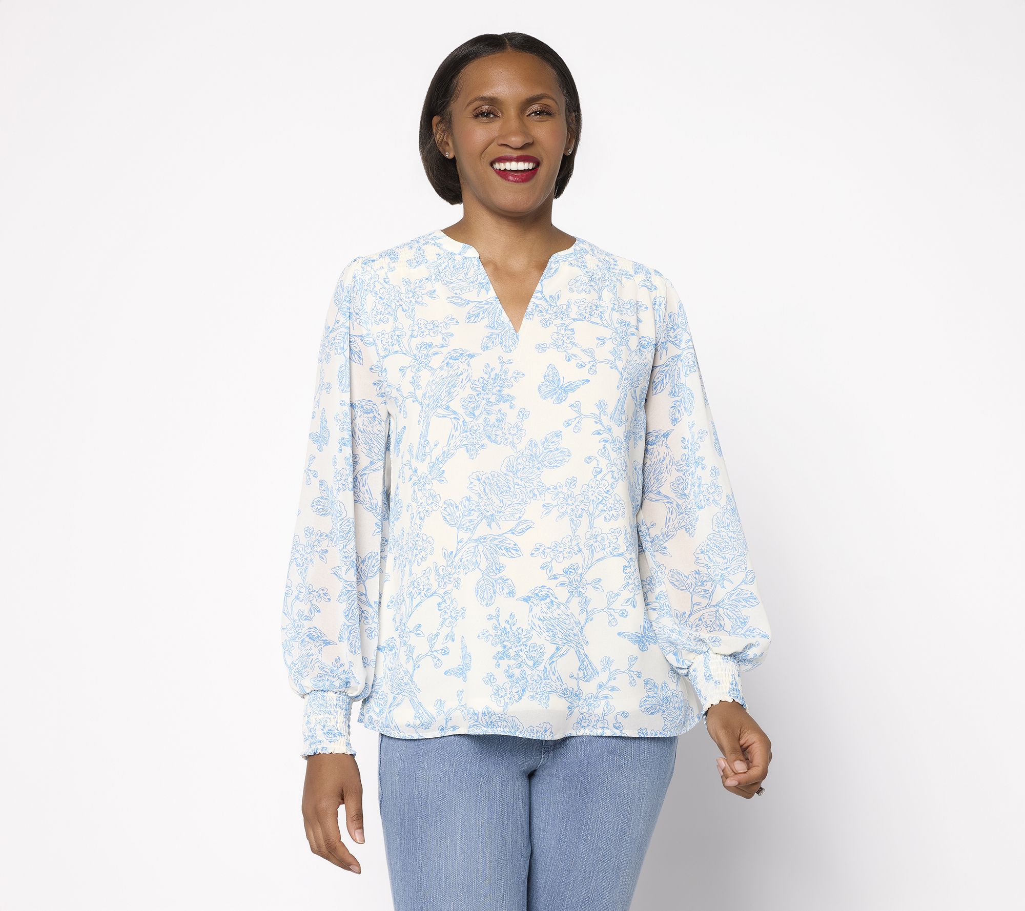 "As Is" Belle by Kim Gravel Toile Smocked Trim Chiffon Blouse