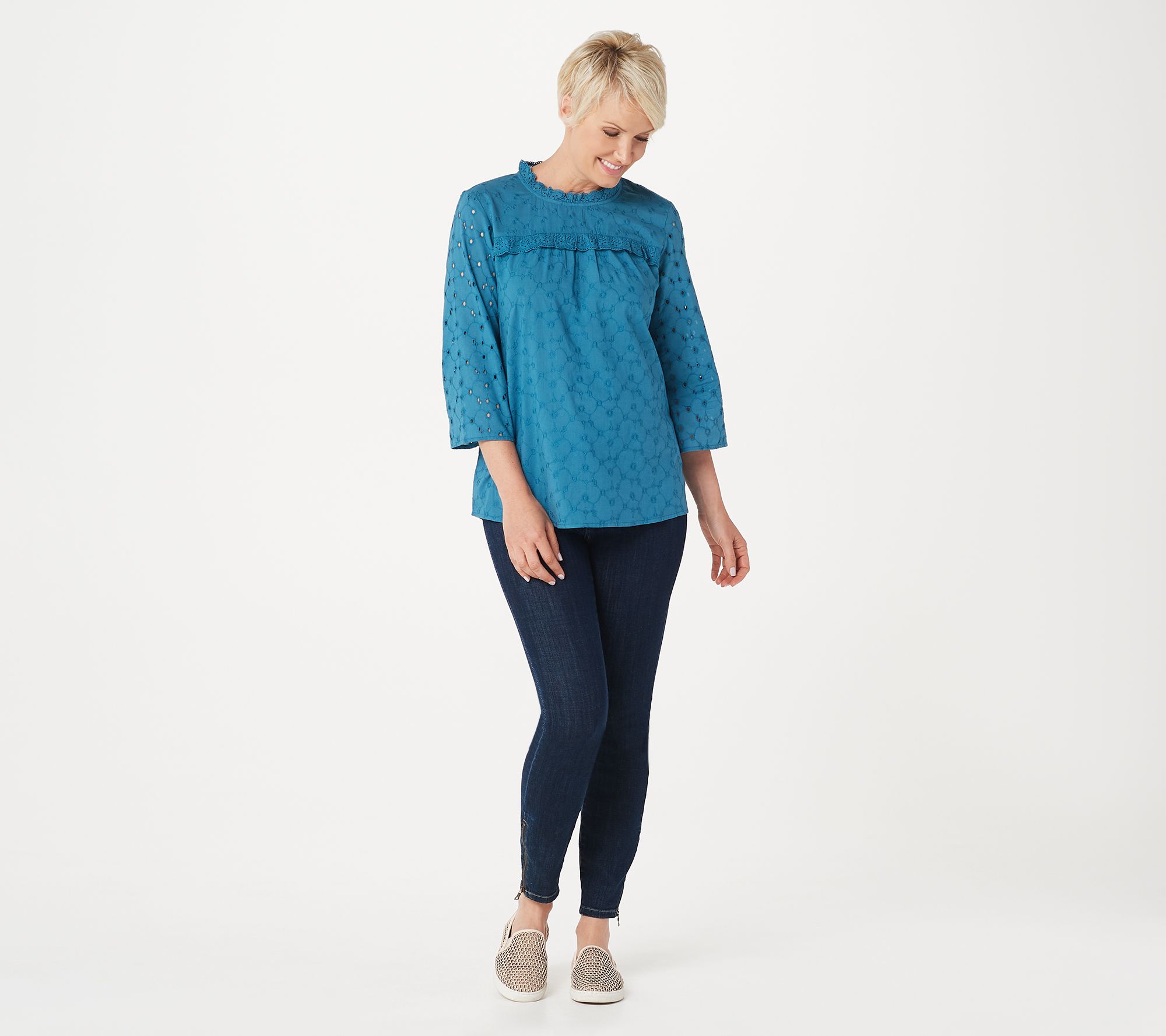 LOGO by Lori Goldstein Eyelet Woven Blouse with Ruffle Detail - QVC.com